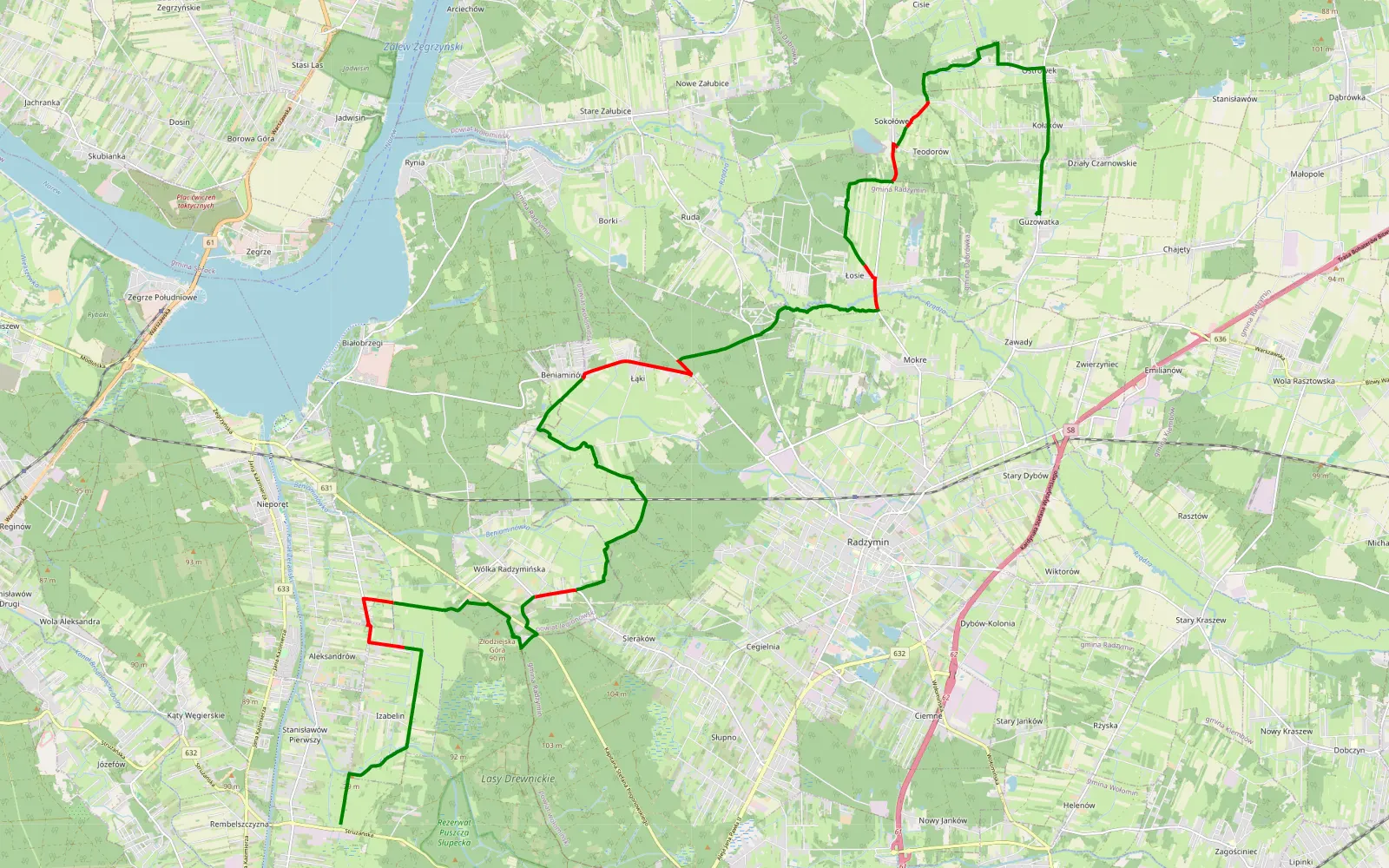 Mapa trasy Stanisławów Pierwszy - Guzowatka - 29.4 km trasy offroad, Powiat Wołomiński