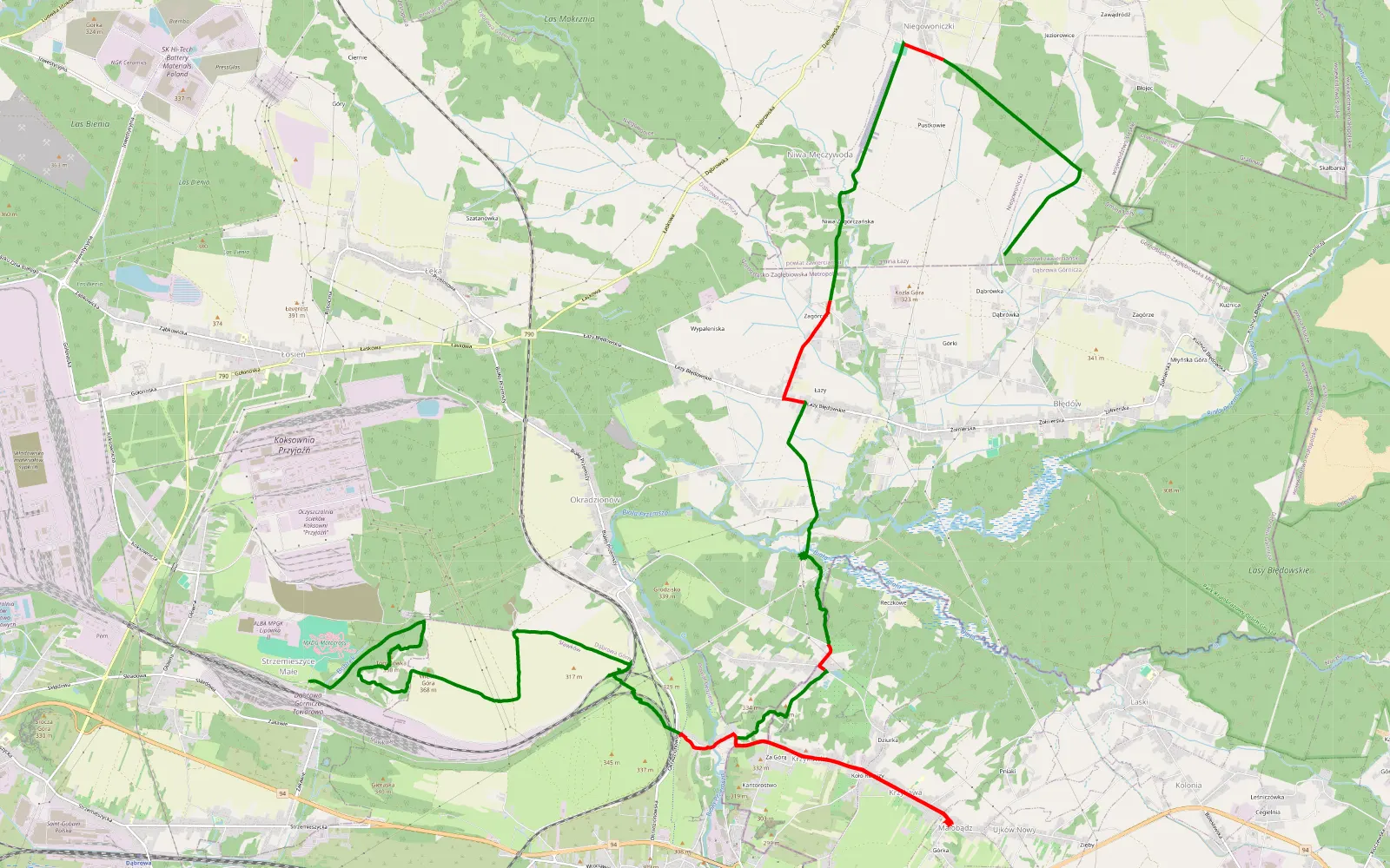 Mapa trasy Strzemieszyce Małe - Kuźnica Błędowska - 27.3 km trasy offroad, Dąbrowa Górnicza