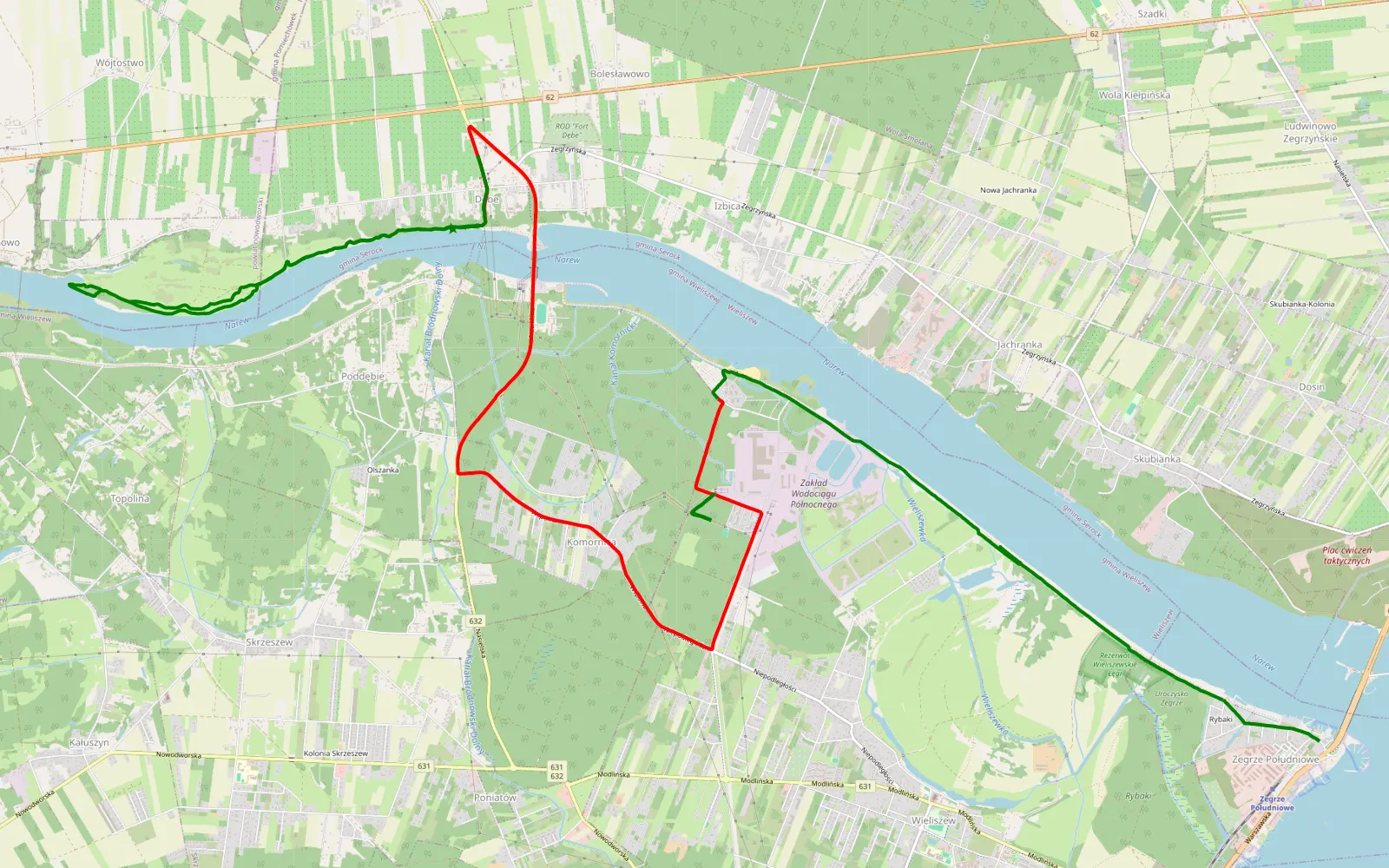 Mapa trasy Zegrze Południowe - Plaża Wieliszew - Dębe - 22.6 km trasy offroad, Powiat Legionowski