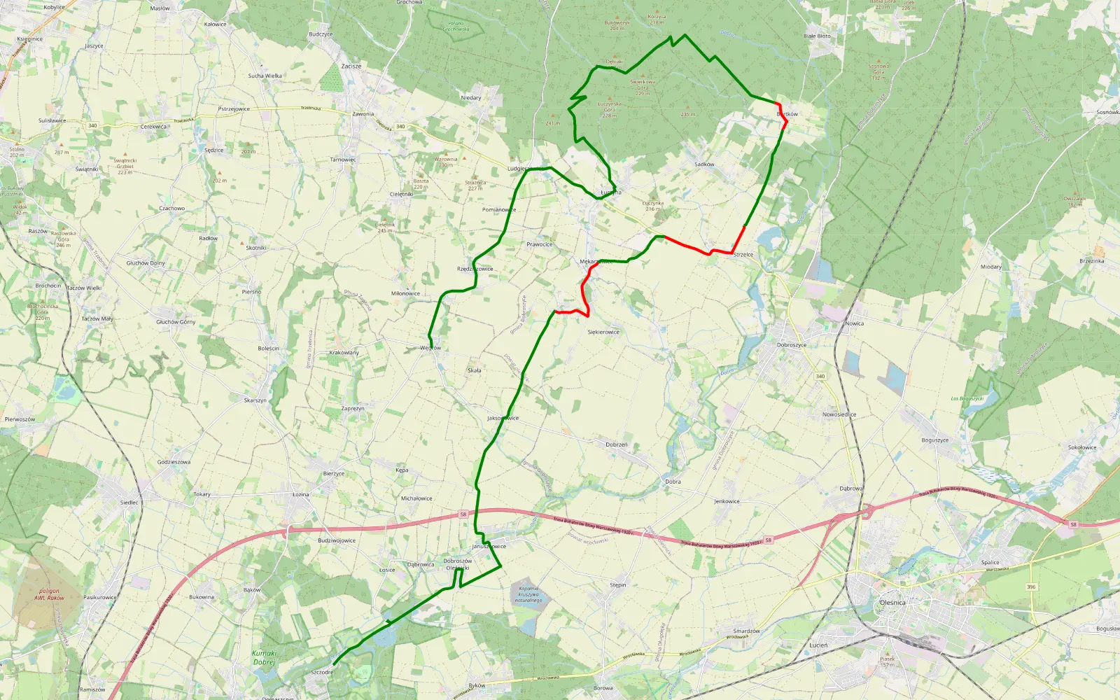 Mapa trasy Okolice Długołęki - 22.8 km trasy offroad, Powiat Oleśnicki