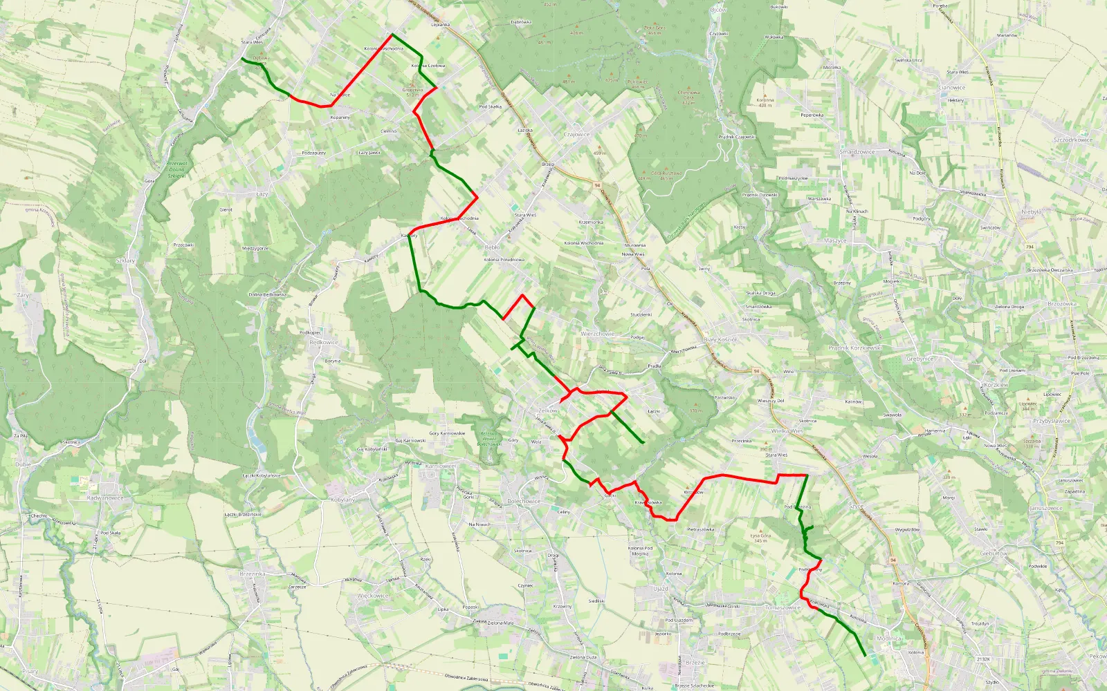 Mapa trasy Modlnica - Jaskinia Borsucza - Zelków - 24.2 km trasy offroad, Powiat Krakowski