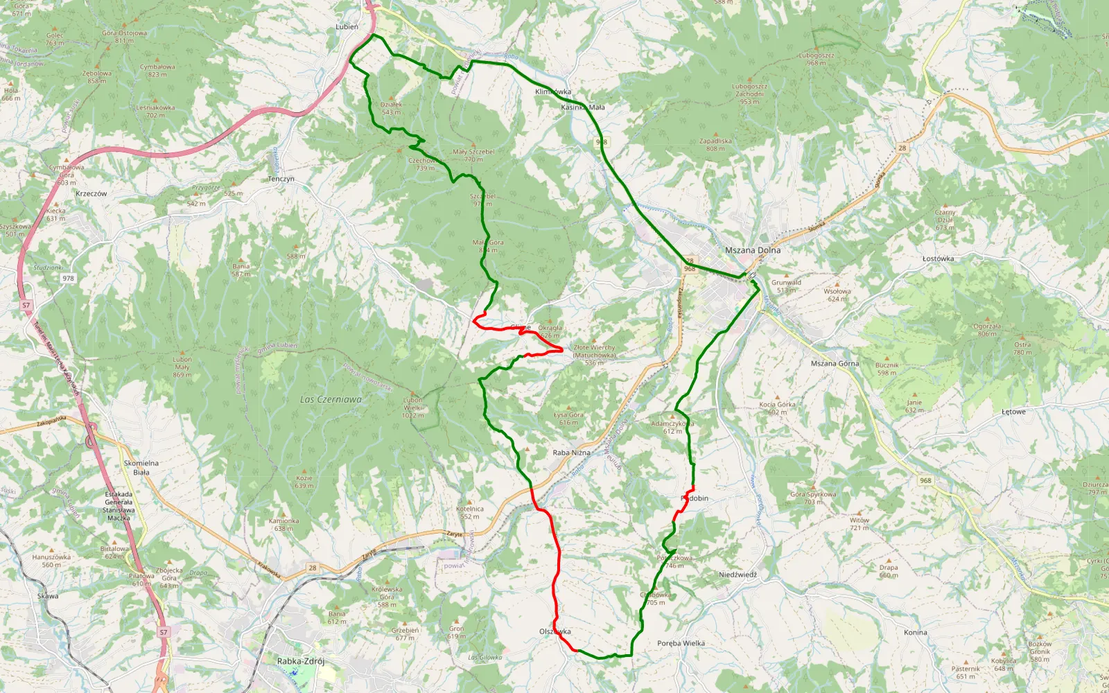 Map of Szczebel, Potaczkowa, Adamczykowa - 26.3 km offroad trail, Limanowa County