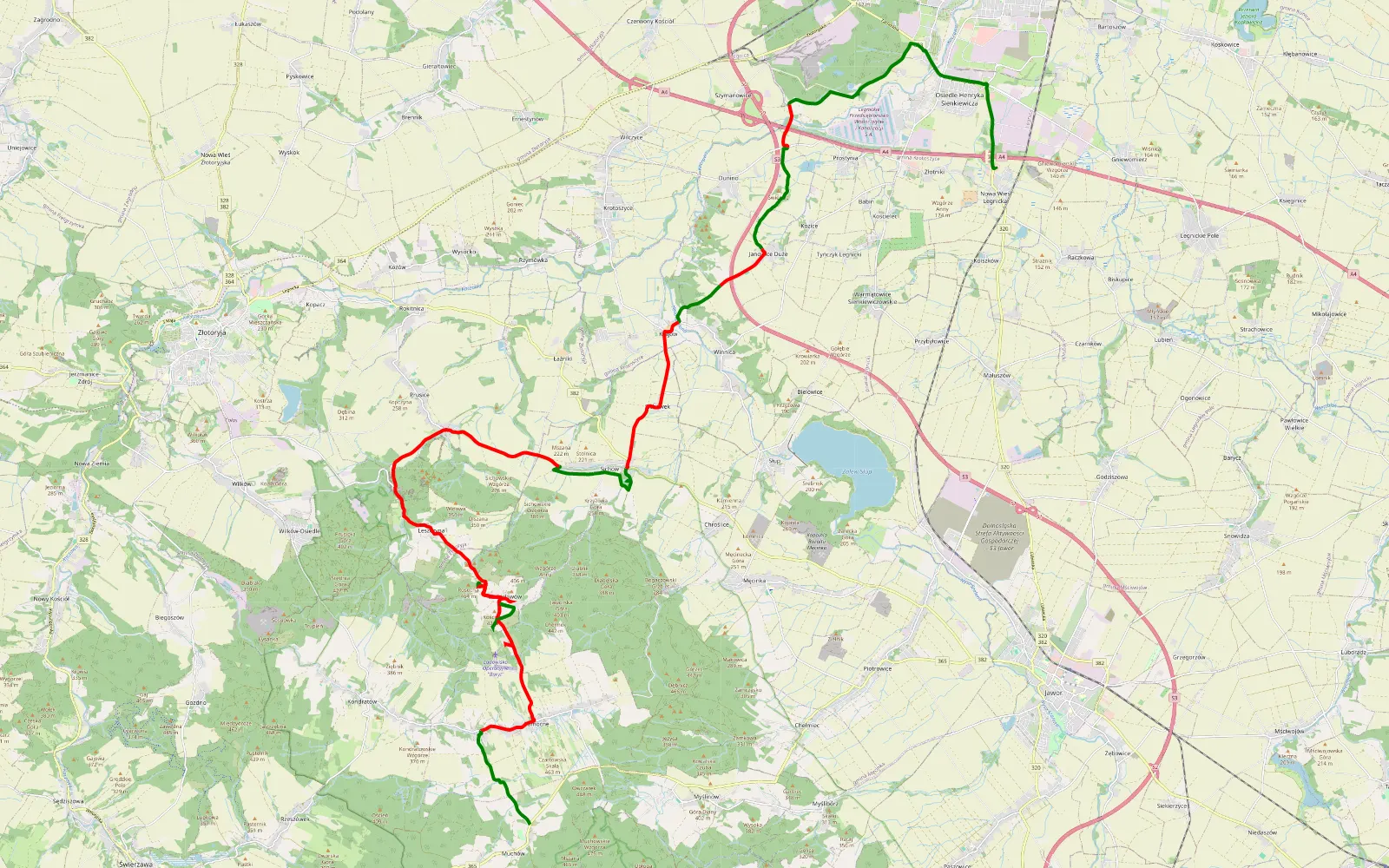 Map of Nowa Wieś Legnicka - Willa włoska - Muchów - 39.6 km offroad trail, Jawor County