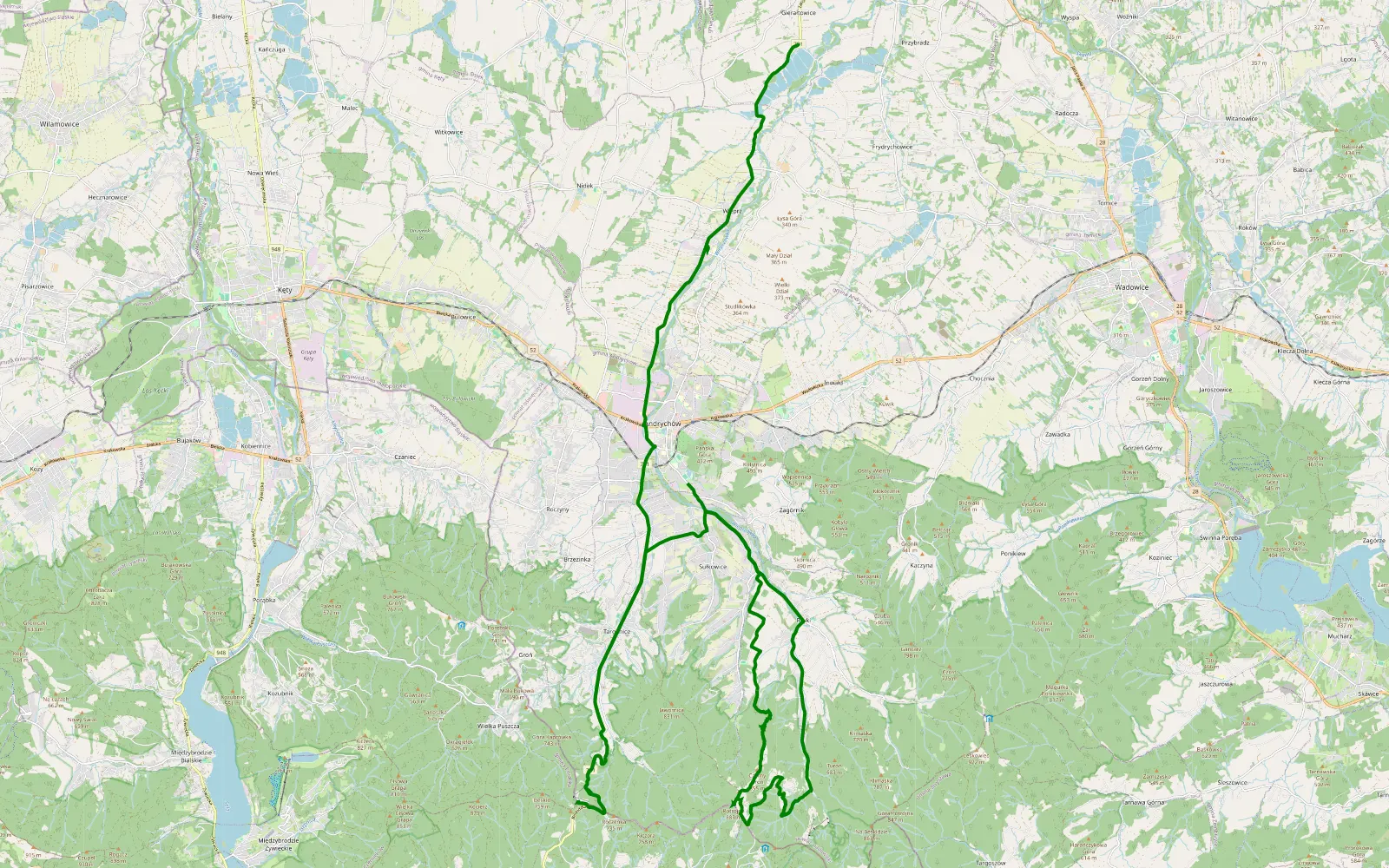 Mapa trasy Andrychów - Potrójna - Gierałtowiczki - 8.3 km trasy offroad, Powiat Wadowicki