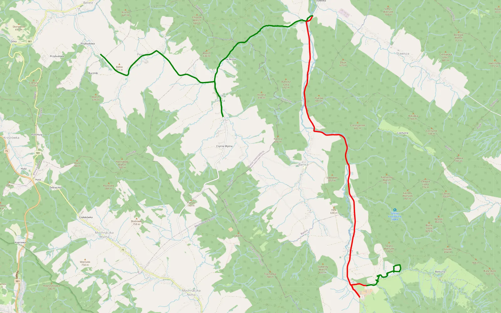 Map of Piorunka - Izby - 14.1 km offroad trail, Gorlice County