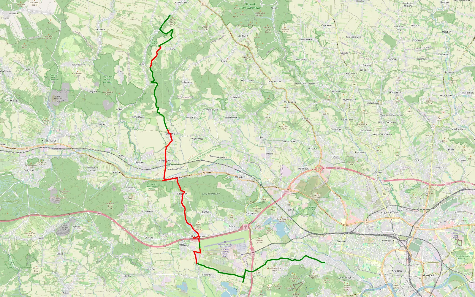 Mapa trasy Wola Justowska - Źródło Pióro - Jerzmanowice - 24.9 km trasy offroad, Powiat Krakowski