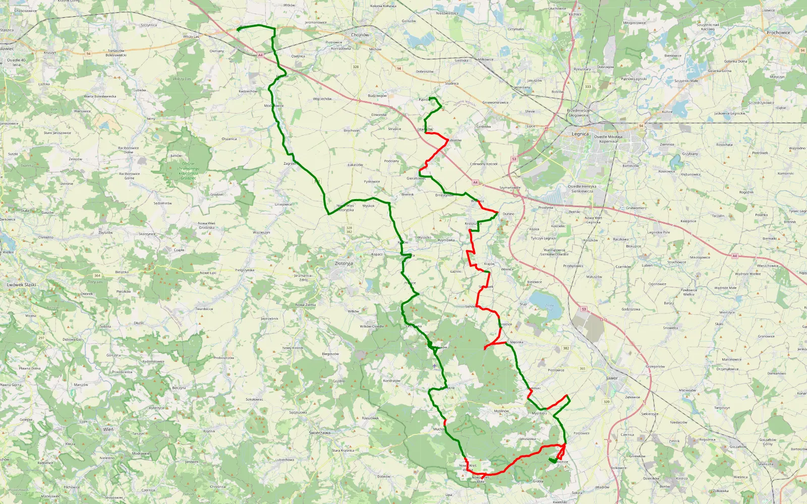 Map of Pątnów - Krzywa - 66.8 km offroad trail, Jawor County