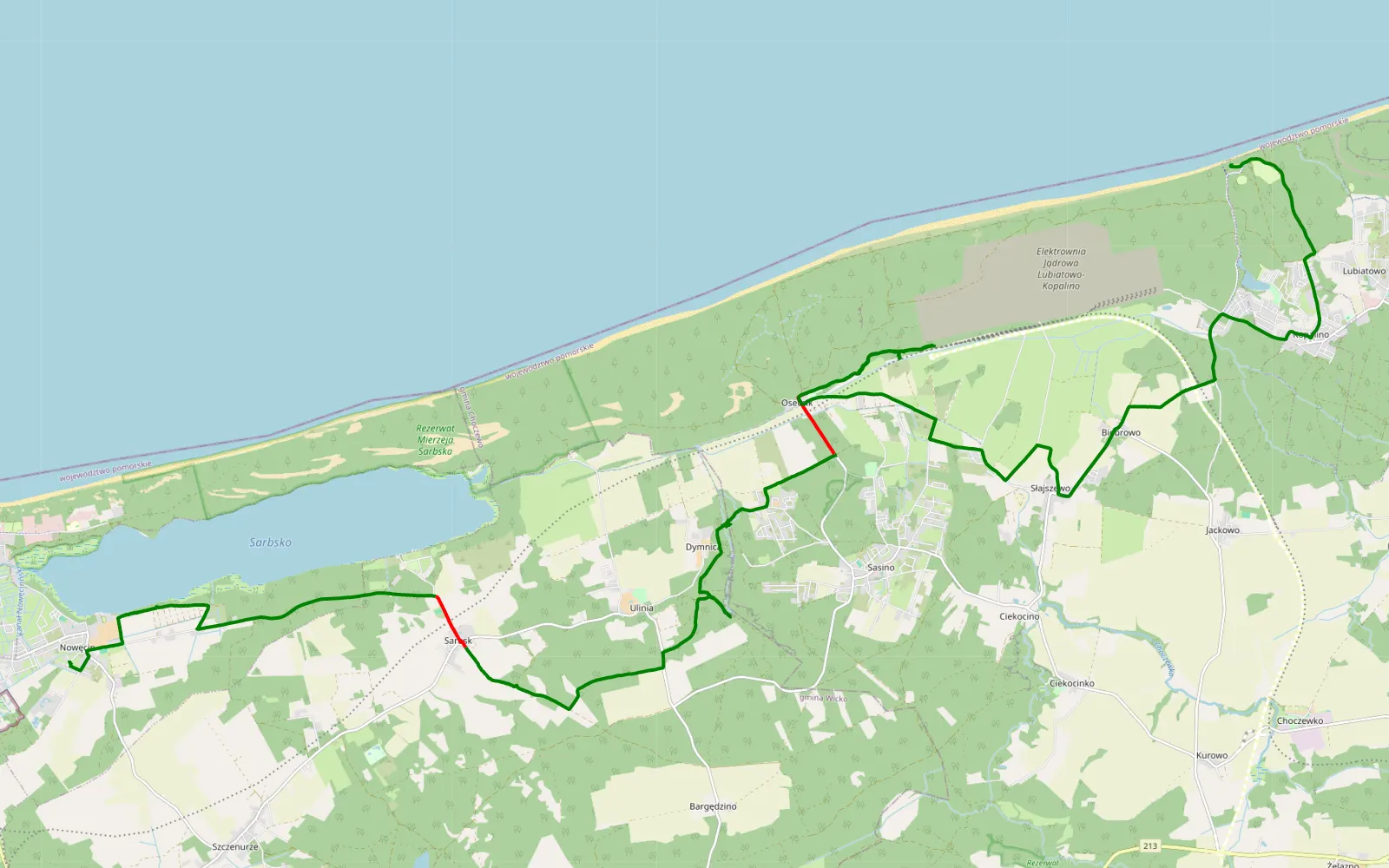 Mapa trasy Nowęcin - Kopalino - 25.5 km trasy offroad, Powiat Lęborski