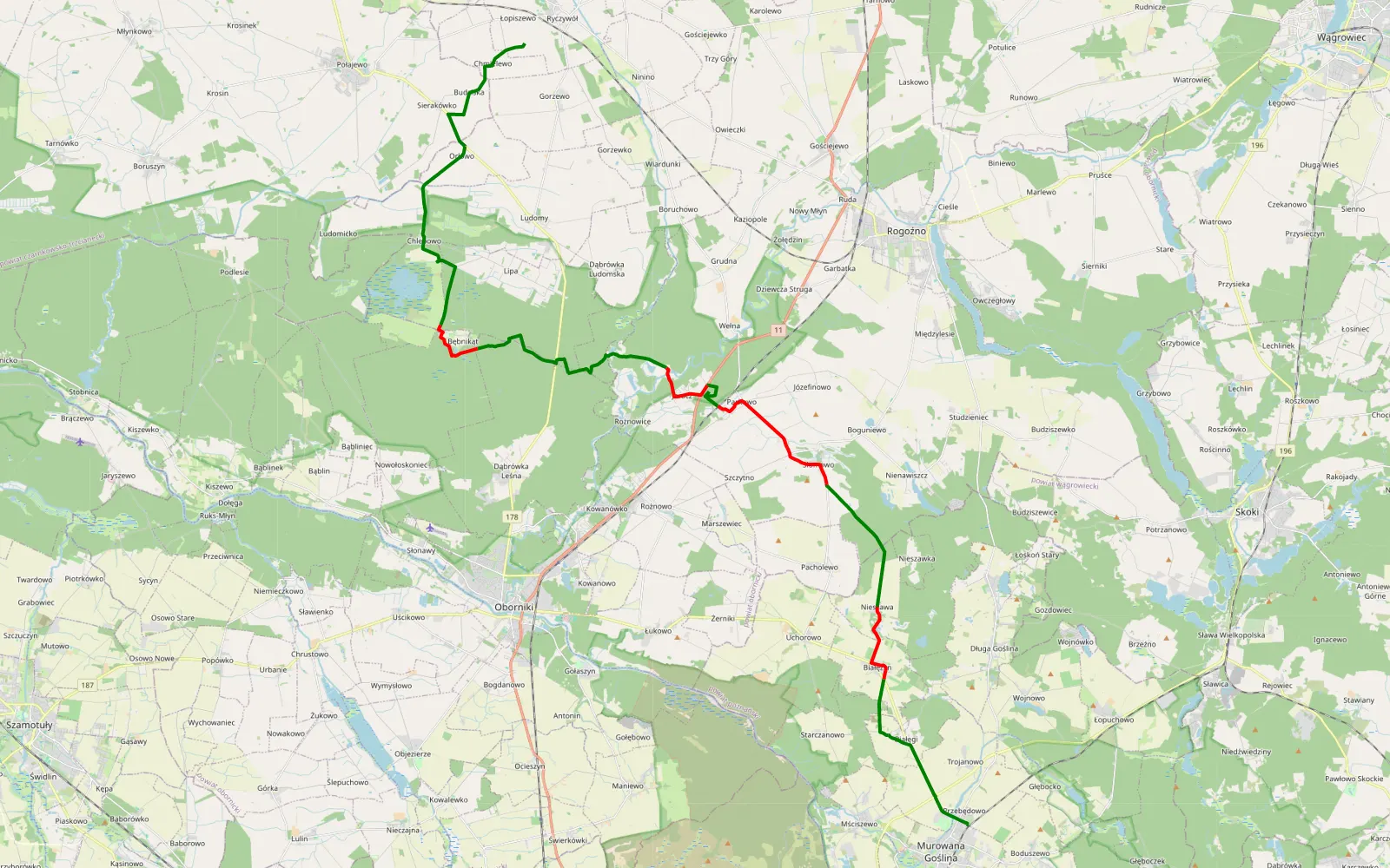 Mapa trasy Przebędowo - Ryczywół - 35.2 km trasy offroad, Powiat Obornicki