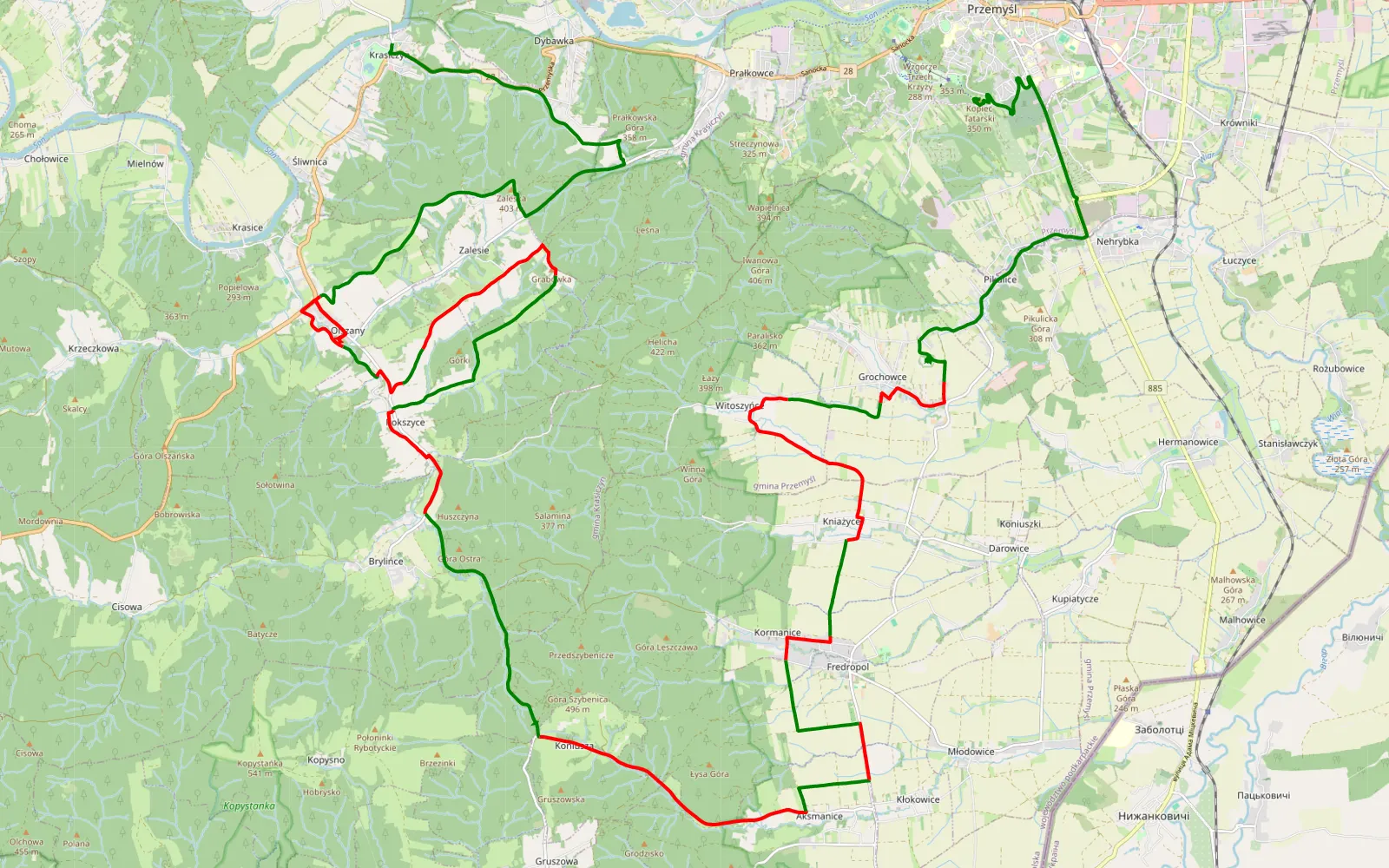 Mapa trasy Krasiczyn - Przemyśl - 41.2 km trasy offroad, Powiat Przemyski