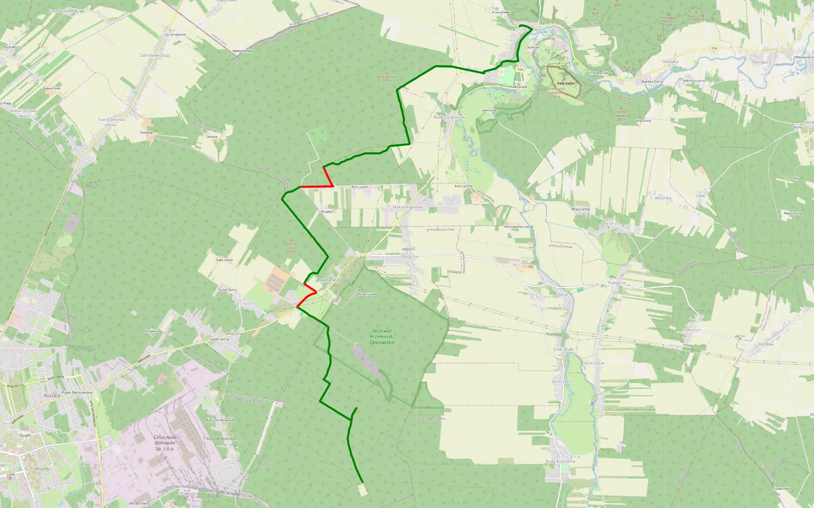 Map of Czarna Glina - Bałtów - 13.1 km offroad trail, Ostrowiec County