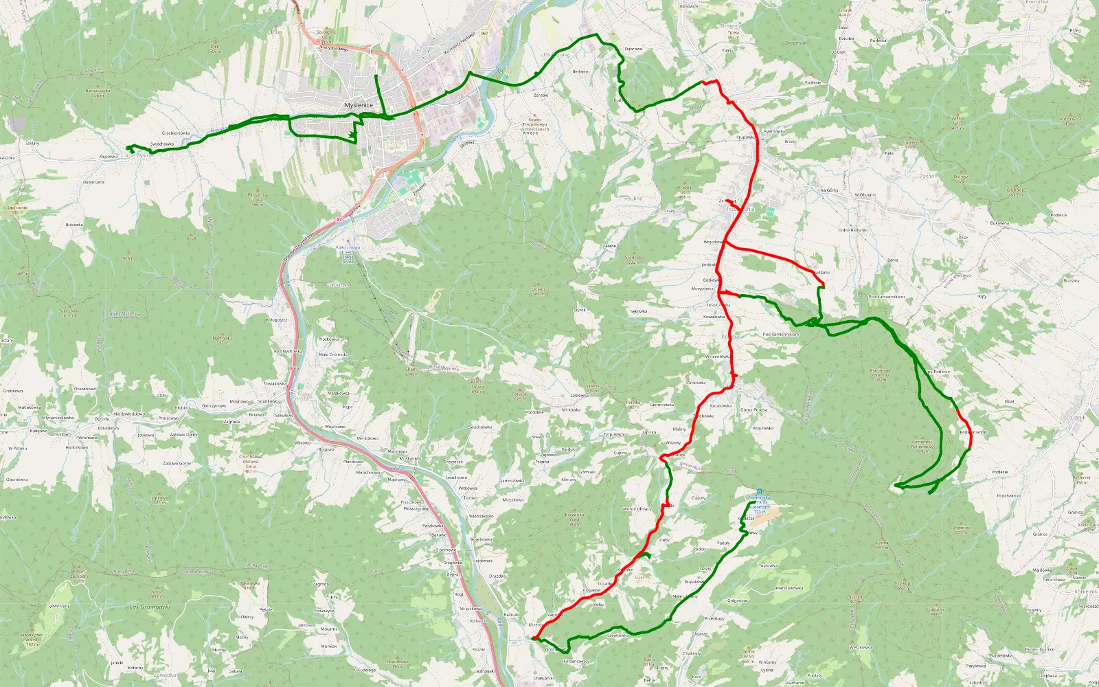 Mapa trasy Poręba - Myślenice - 33.6 km trasy offroad, Powiat Myślenicki