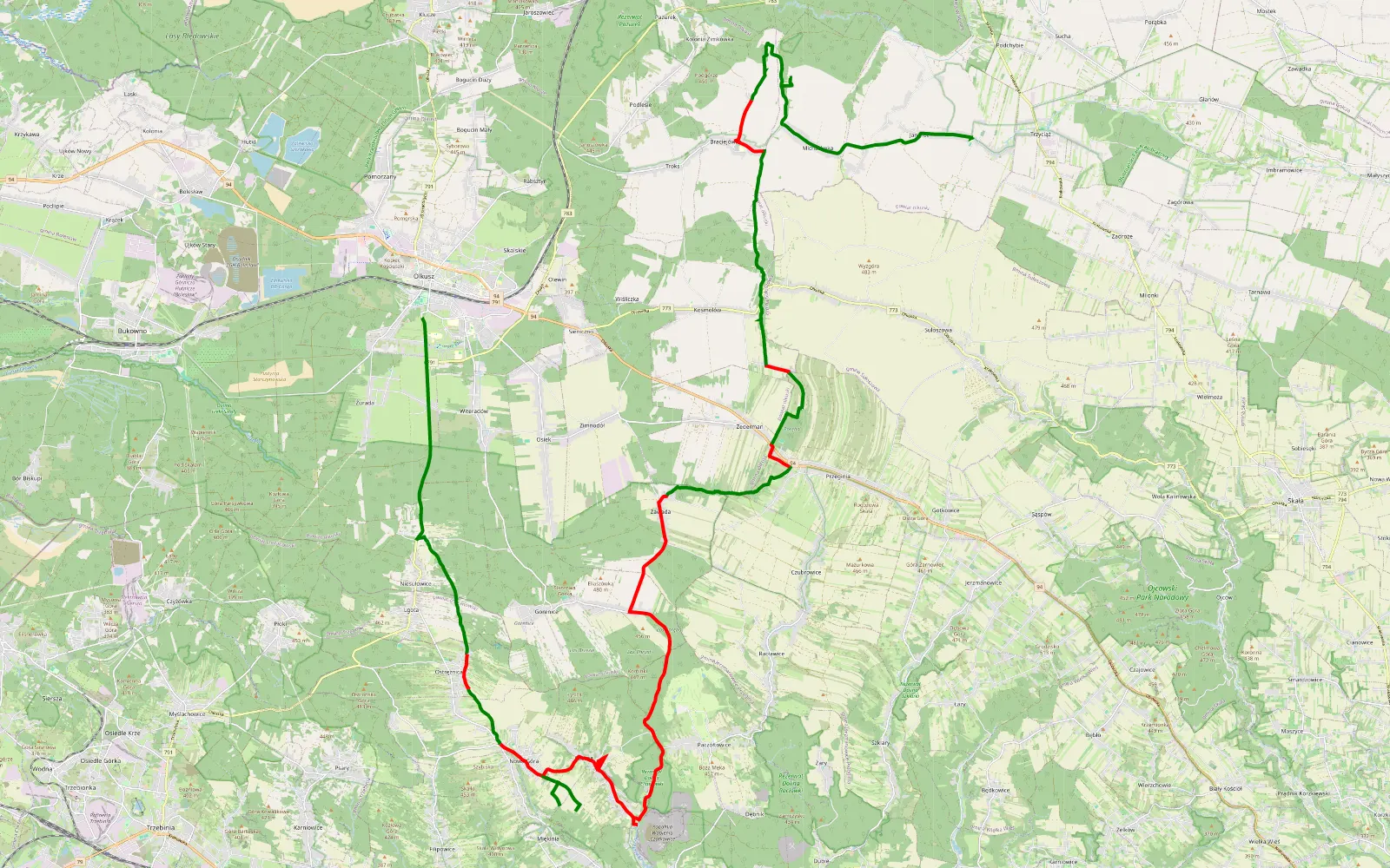 Mapa trasy Czarna Góra - Jangrot - 43.8 km trasy offroad, Powiat Olkuski