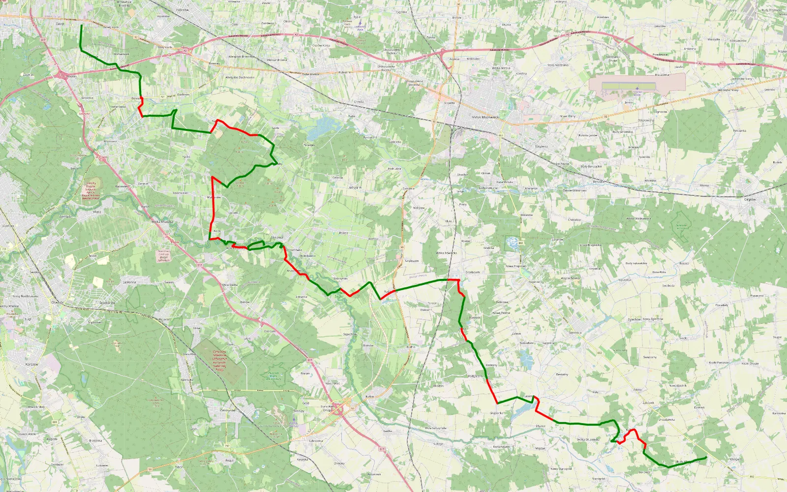 Map of Zakręt - Budy Wielgoleskie - 53.8 km offroad trail, Otwock County