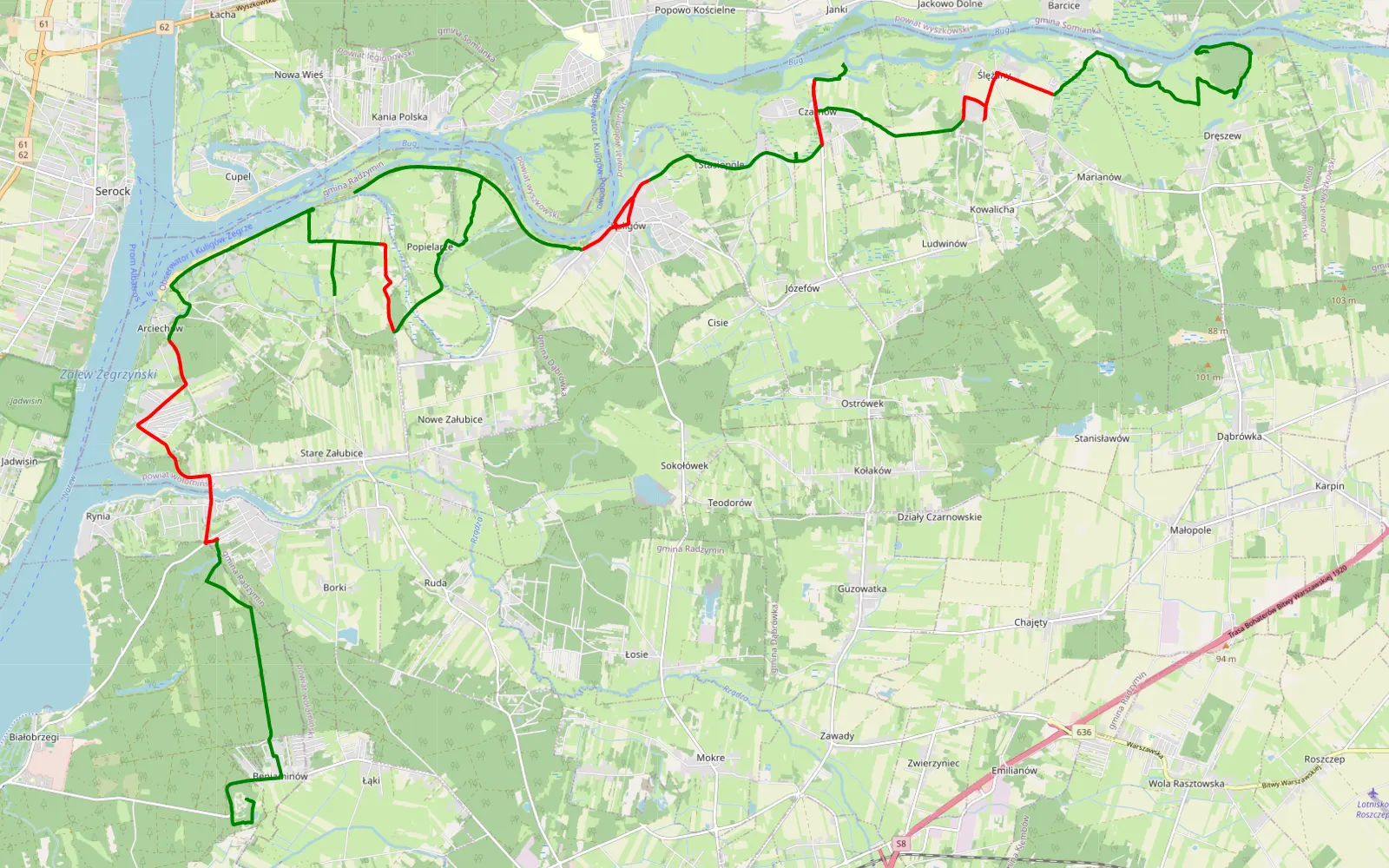 Mapa trasy Dręszew - Beniaminów - 40.9 km trasy offroad, Powiat Wołomiński