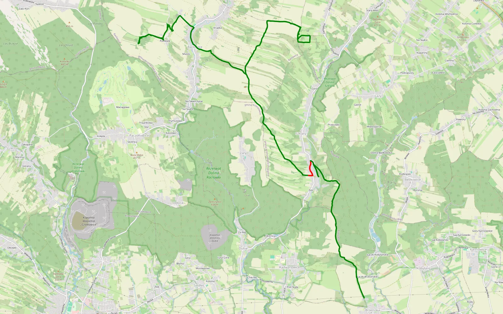 Mapa trasy Brzezinka - Racławice - 15.5 km trasy offroad, Powiat Krakowski