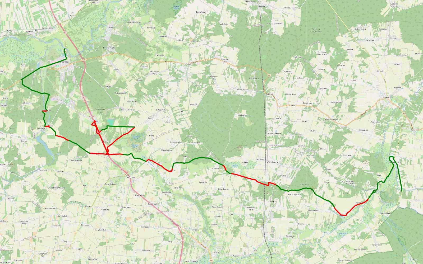 Mapa trasy Białobrzegi - Lewaszówka - 53.2 km trasy offroad, Powiat Białobrzeski