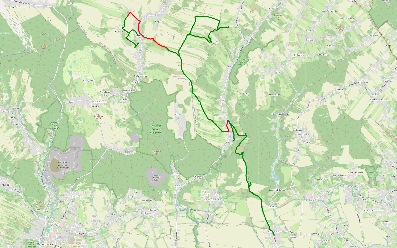 Mapa trasy Brzezinka - Racławice - 21.4 km trasy offroad, Powiat Krakowski