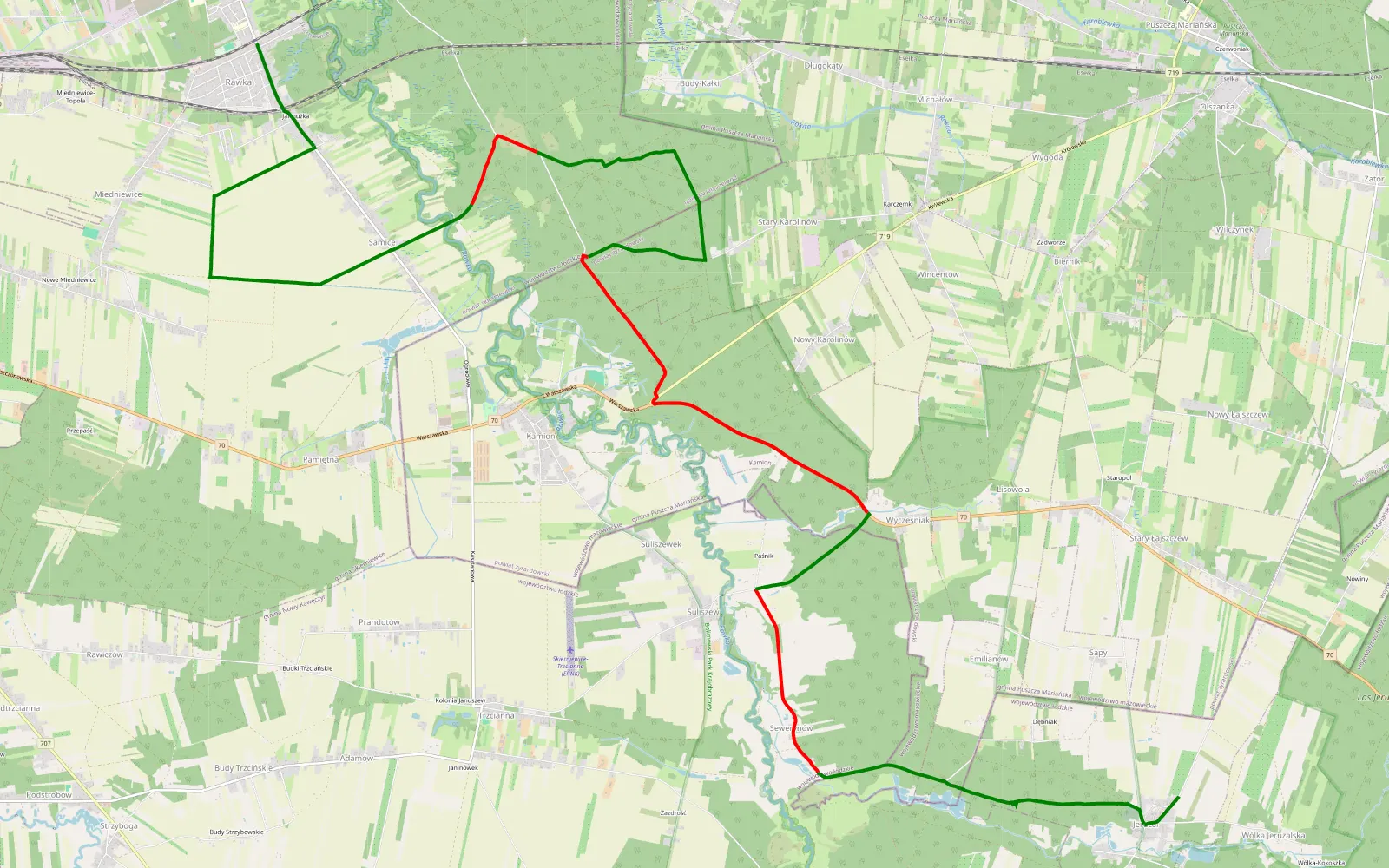 Mapa trasy Jeruzal - Ruda - 20.5 km trasy offroad, Powiat Skierniewicki