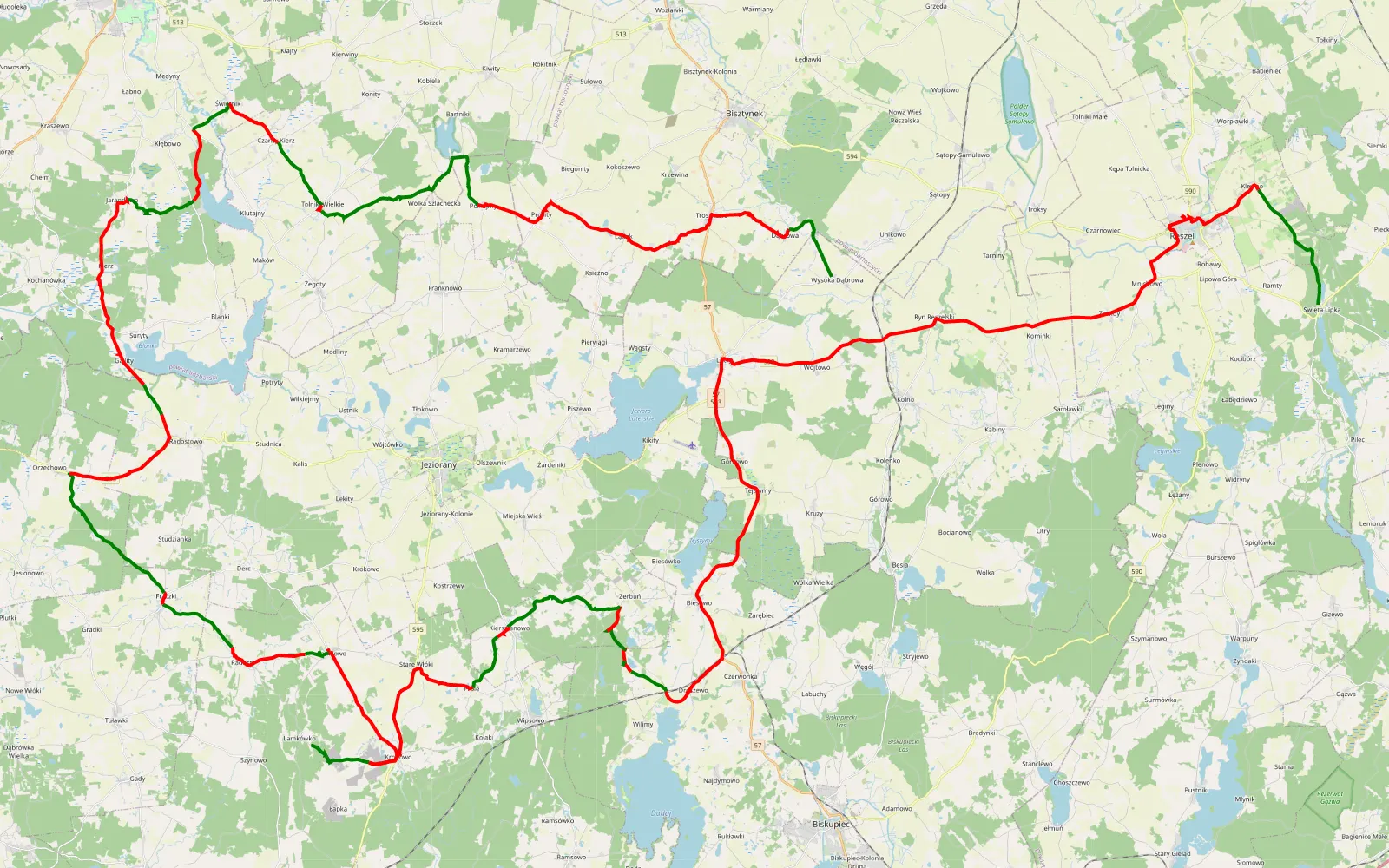 Mapa trasy Święta Lipka - Dąbrowa Wysoka - 139 km trasy offroad, Powiat Olsztyński