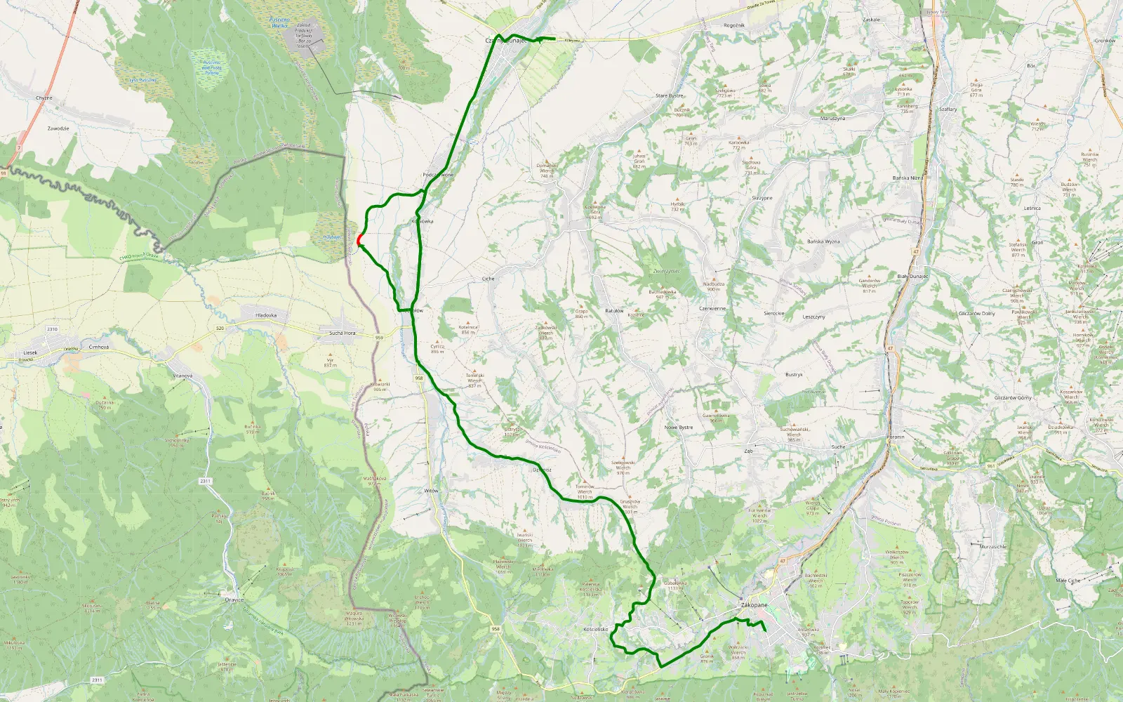 Mapa trasy Zakopane - Czarny Dunajec - 5.3 km trasy offroad, Powiat Nowotarski