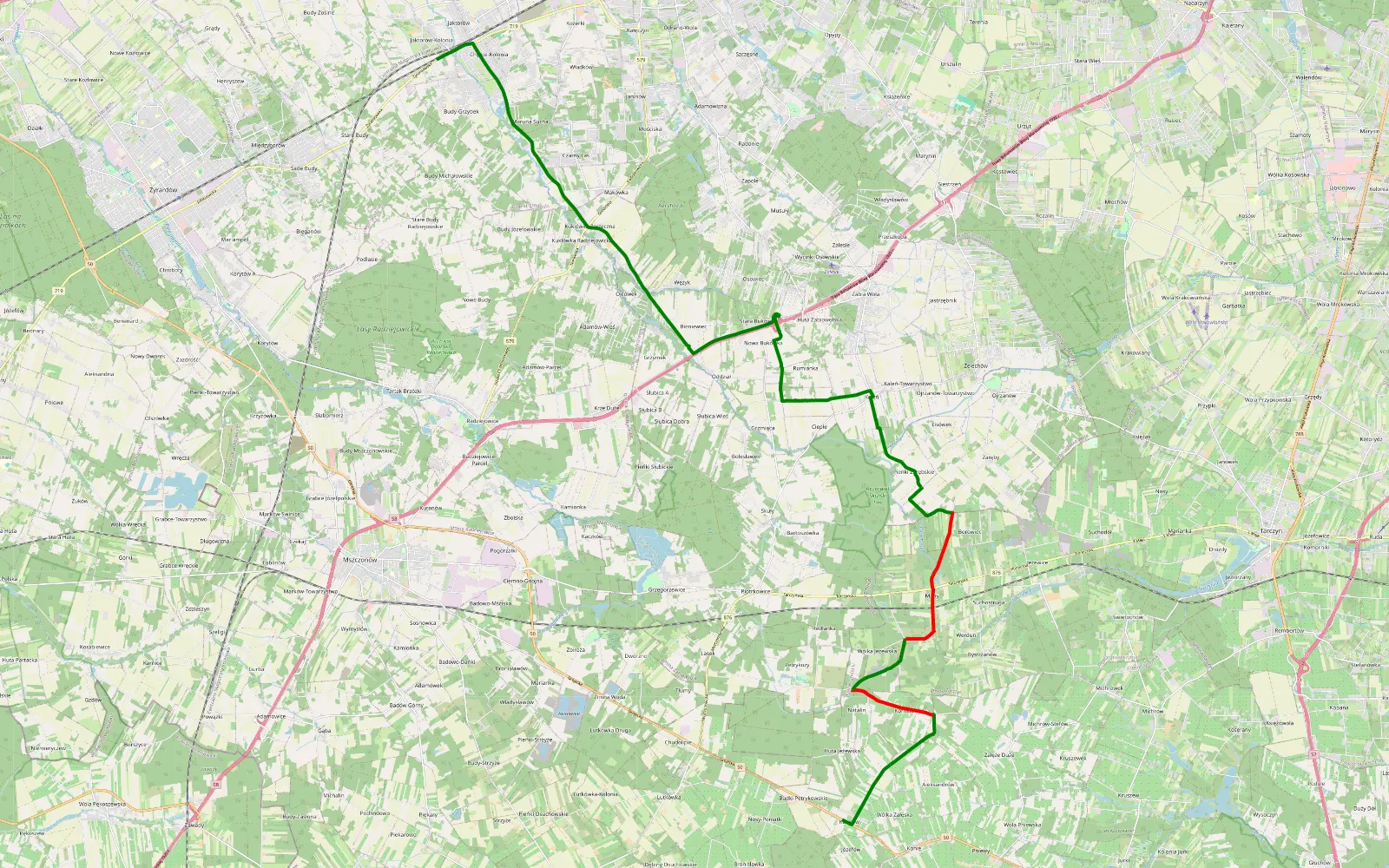Mapa trasy Karolew - Jaktorów-Kolonia - 11.1 km trasy offroad, Powiat Grójecki