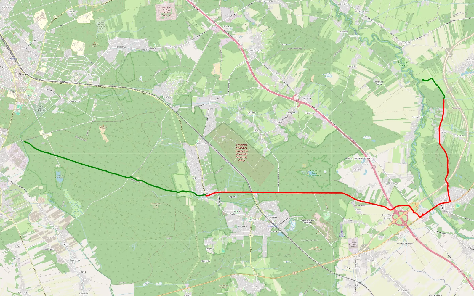 Mapa trasy Kobiel i okolice - 17.7 km trasy offroad, Powiat Otwocki