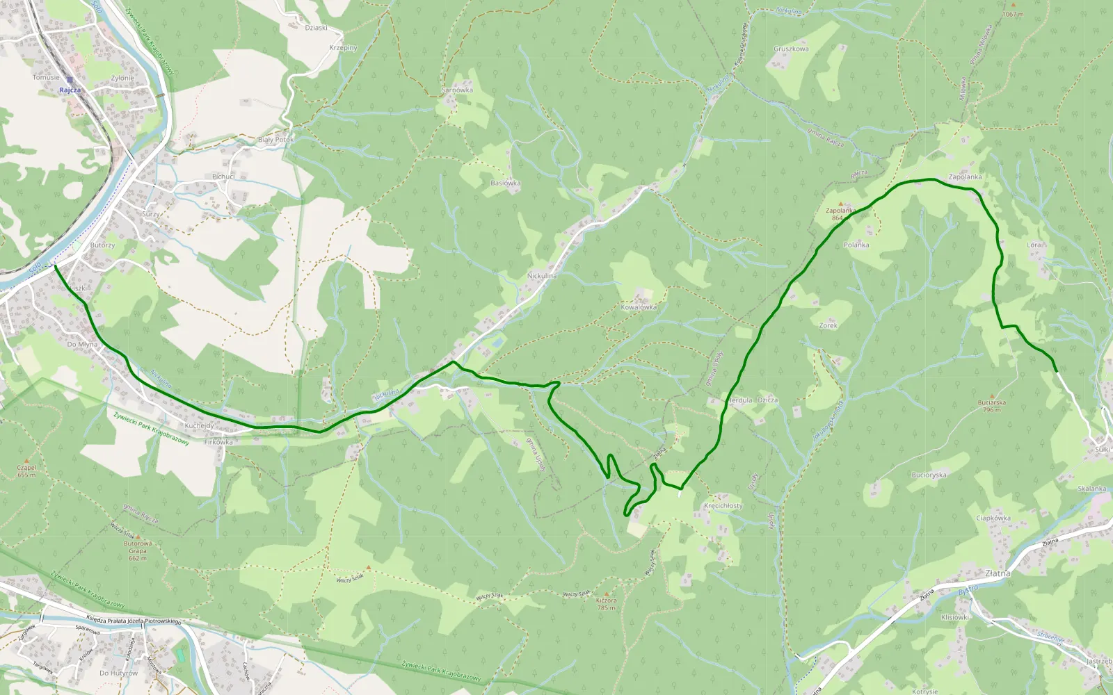 Map of Rajcza - Ciapków - 2.2 km offroad trail, Żywiec County