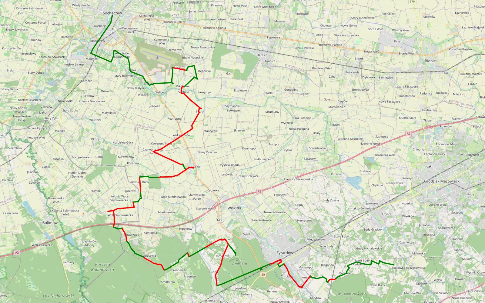 Map of Sochaczew - Budy Józefowskie - 63.6 km offroad trail, Żyrardów County
