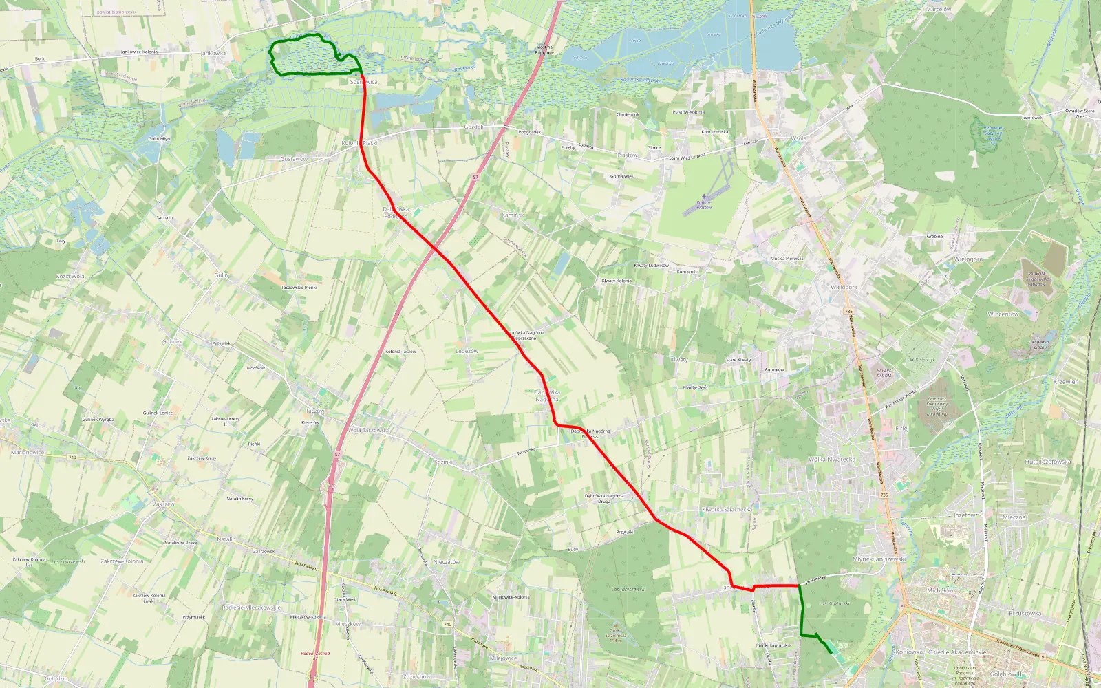 Mapa trasy Kolonia Wacyn - Bród - 16 km trasy offroad, Powiat Radomski