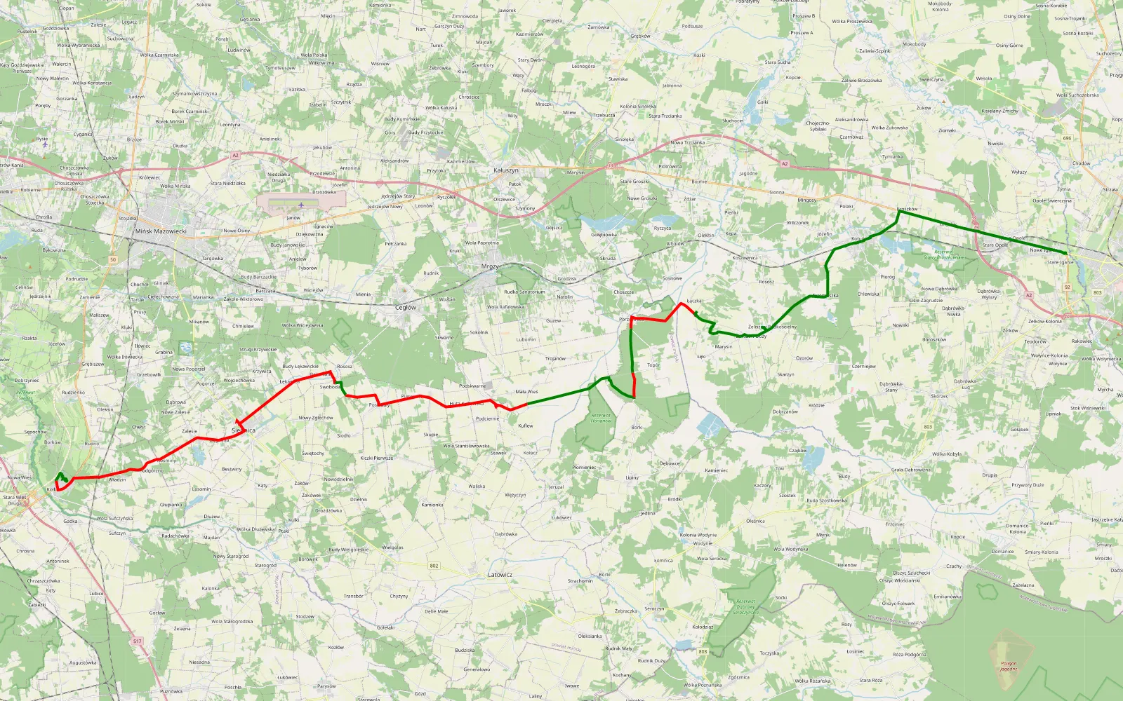 Mapa trasy Kołbiel - Iganie Stare - 48.2 km trasy offroad, Powiat Miński