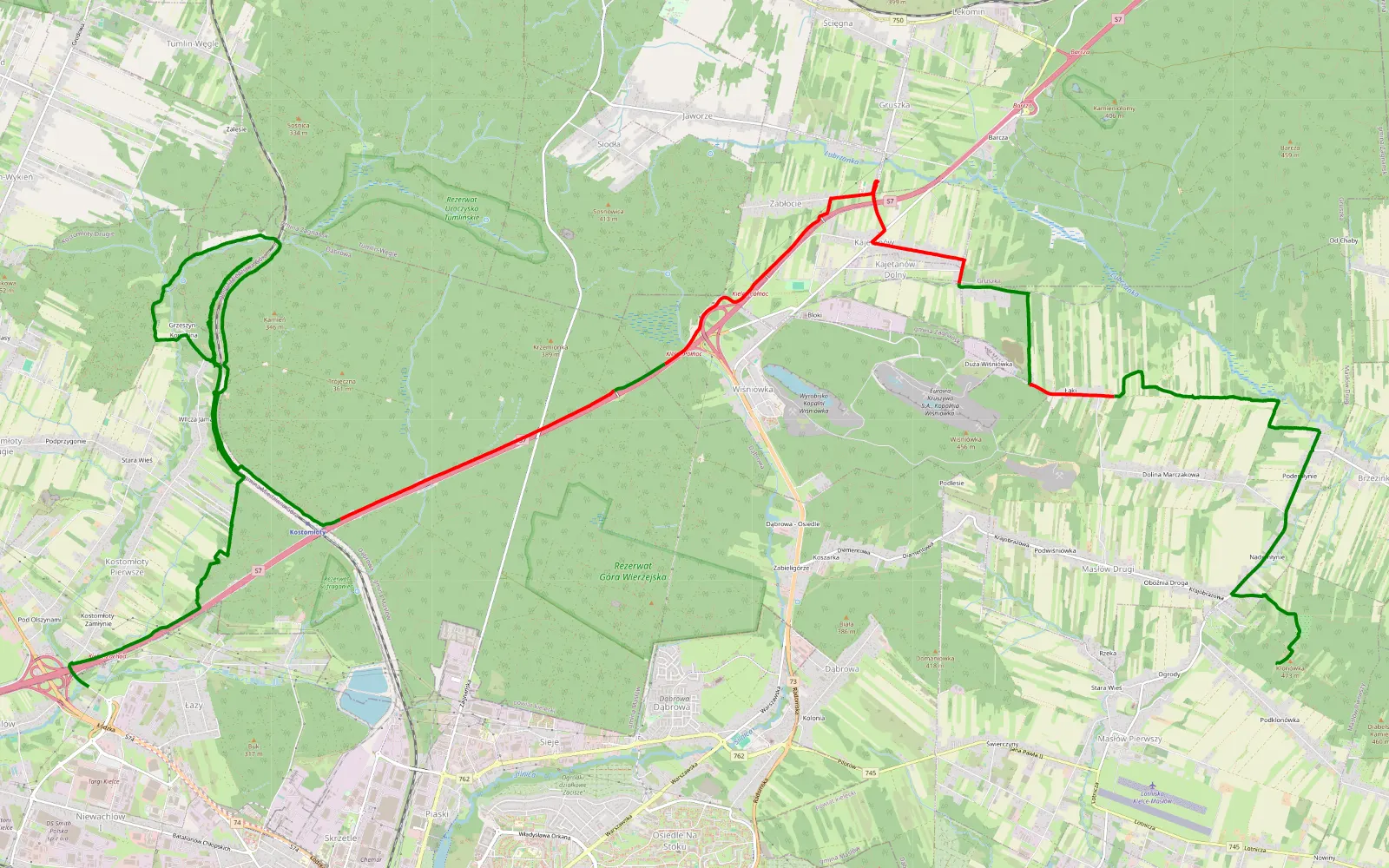 Mapa trasy Łazy - Masłów Klonówka - 25.1 km trasy offroad, Powiat Kielecki