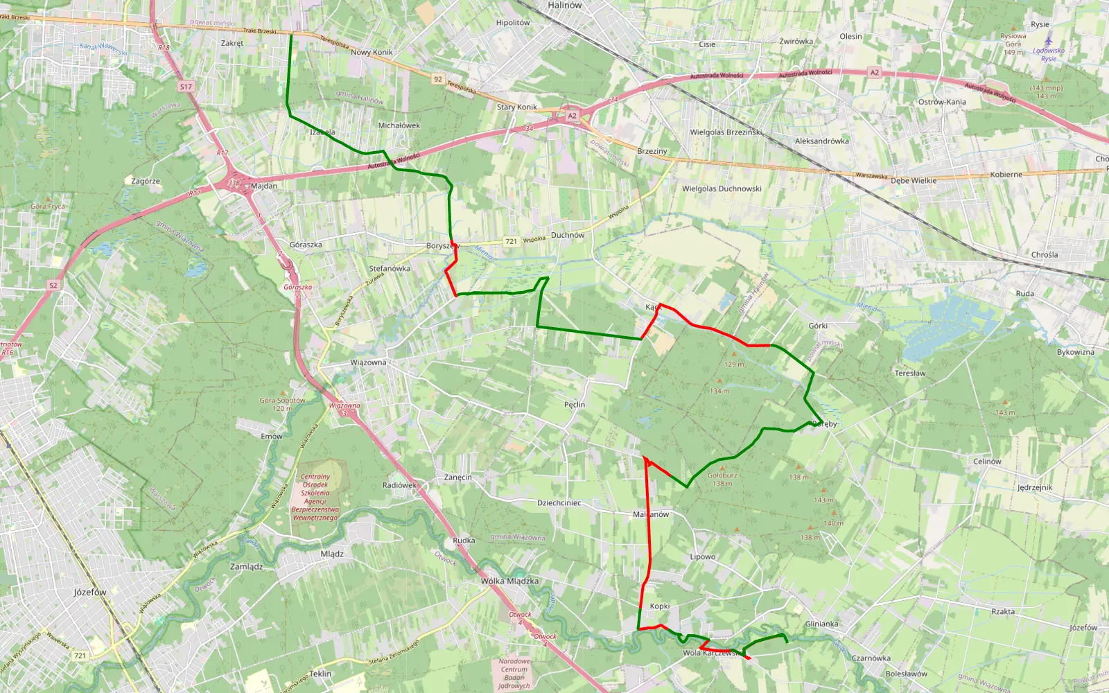 Mapa trasy Zakręt - Wola Karczewska - 24.3 km trasy offroad, Powiat Otwocki