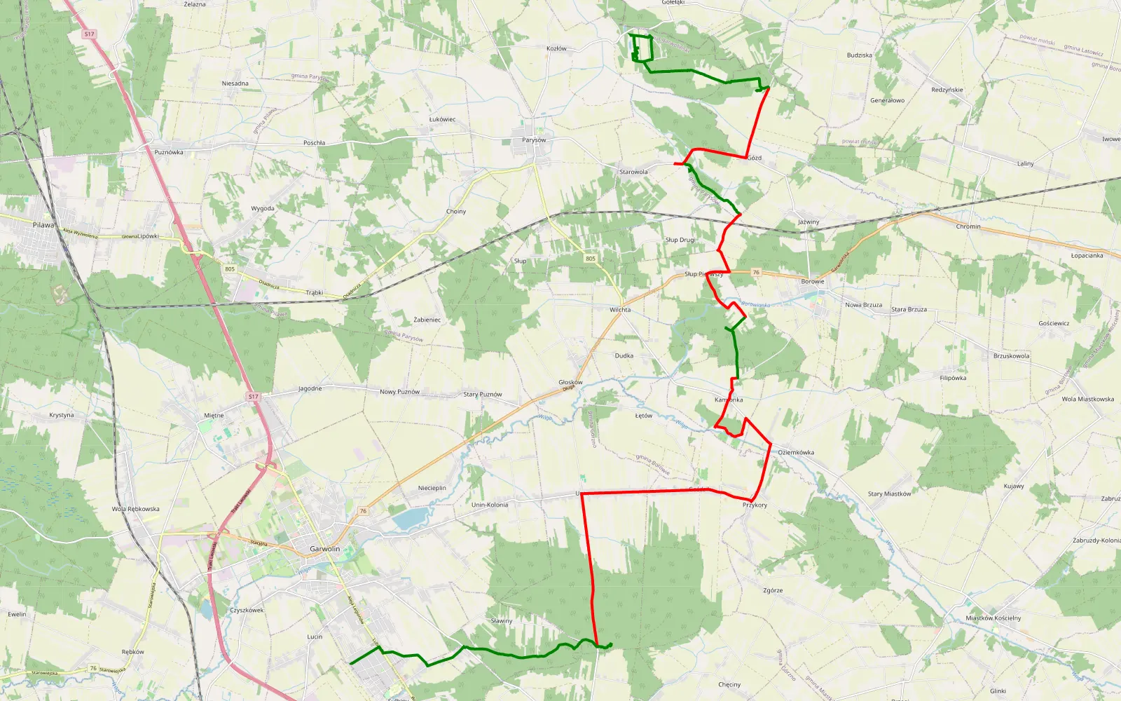 Mapa trasy Kozłów - Sulbiny Górne - 30.2 km trasy offroad, Powiat Garwoliński