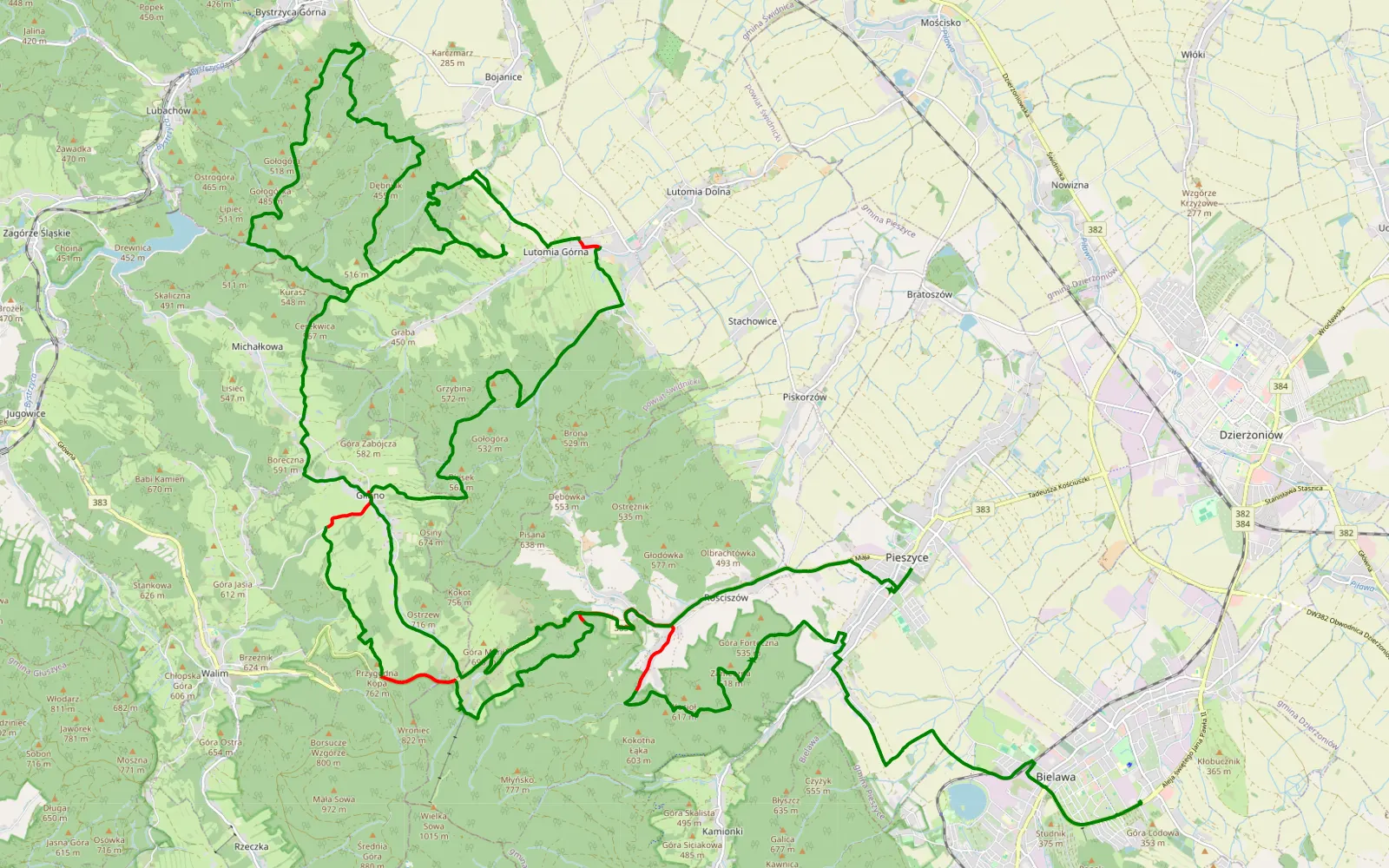 Map of Bielawa - Pieszyce - 51.3 km offroad trail, Świdnica County
