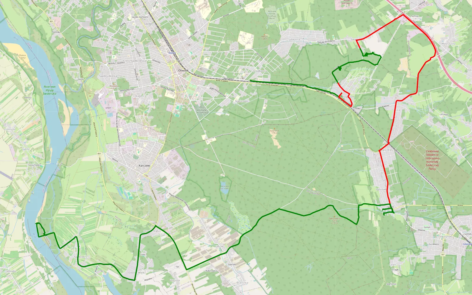 Mapa trasy Off Pogorzel - Wisła - 24.3 km trasy offroad, Powiat Otwocki