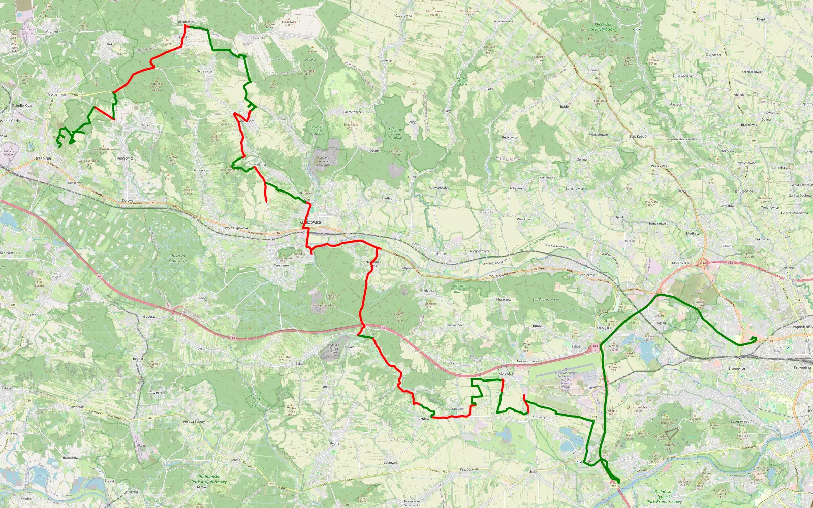 Map of Trzebinia - Bronowice Małe - 59.7 km offroad trail, Kraków County