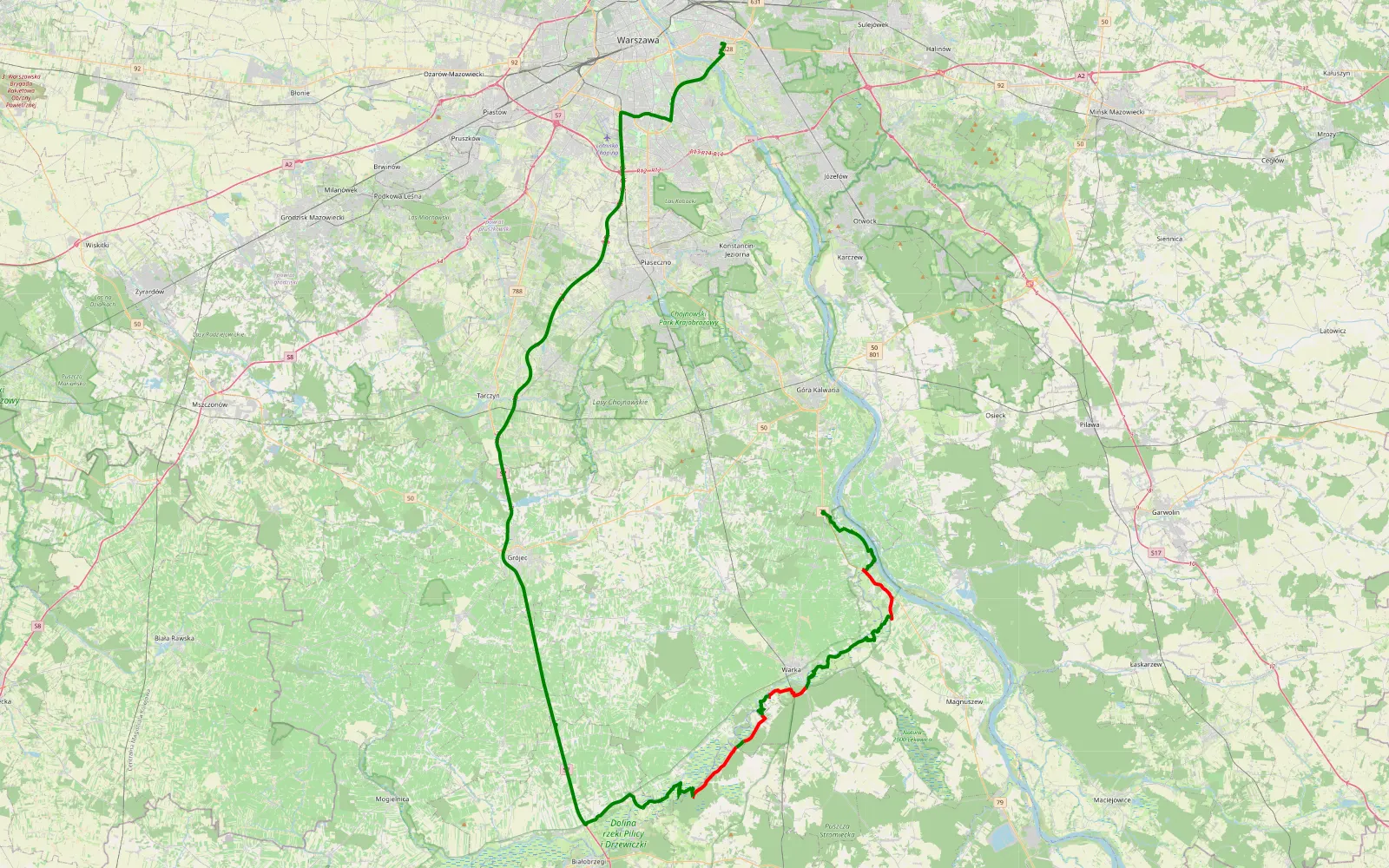 Mapa trasy Potycz - Gocławek - 48 km trasy offroad, Powiat Grójecki