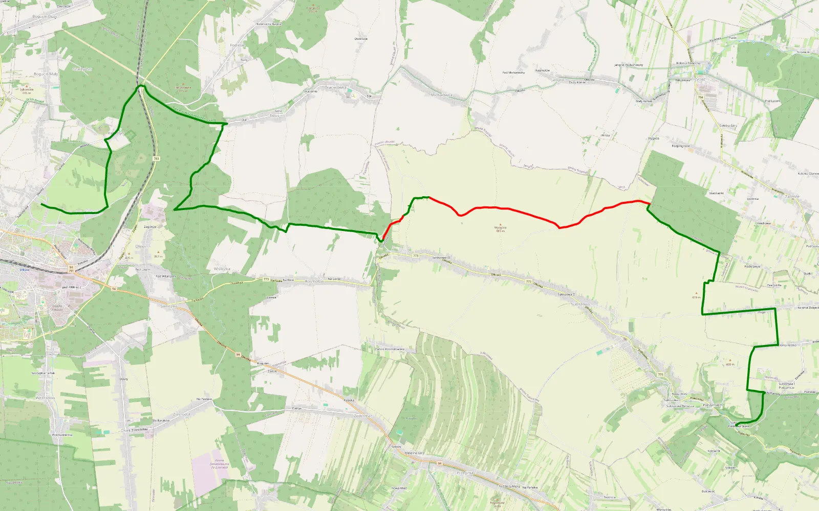 Mapa trasy Olkusz - Skalskie - 16.8 km trasy offroad, Powiat Krakowski
