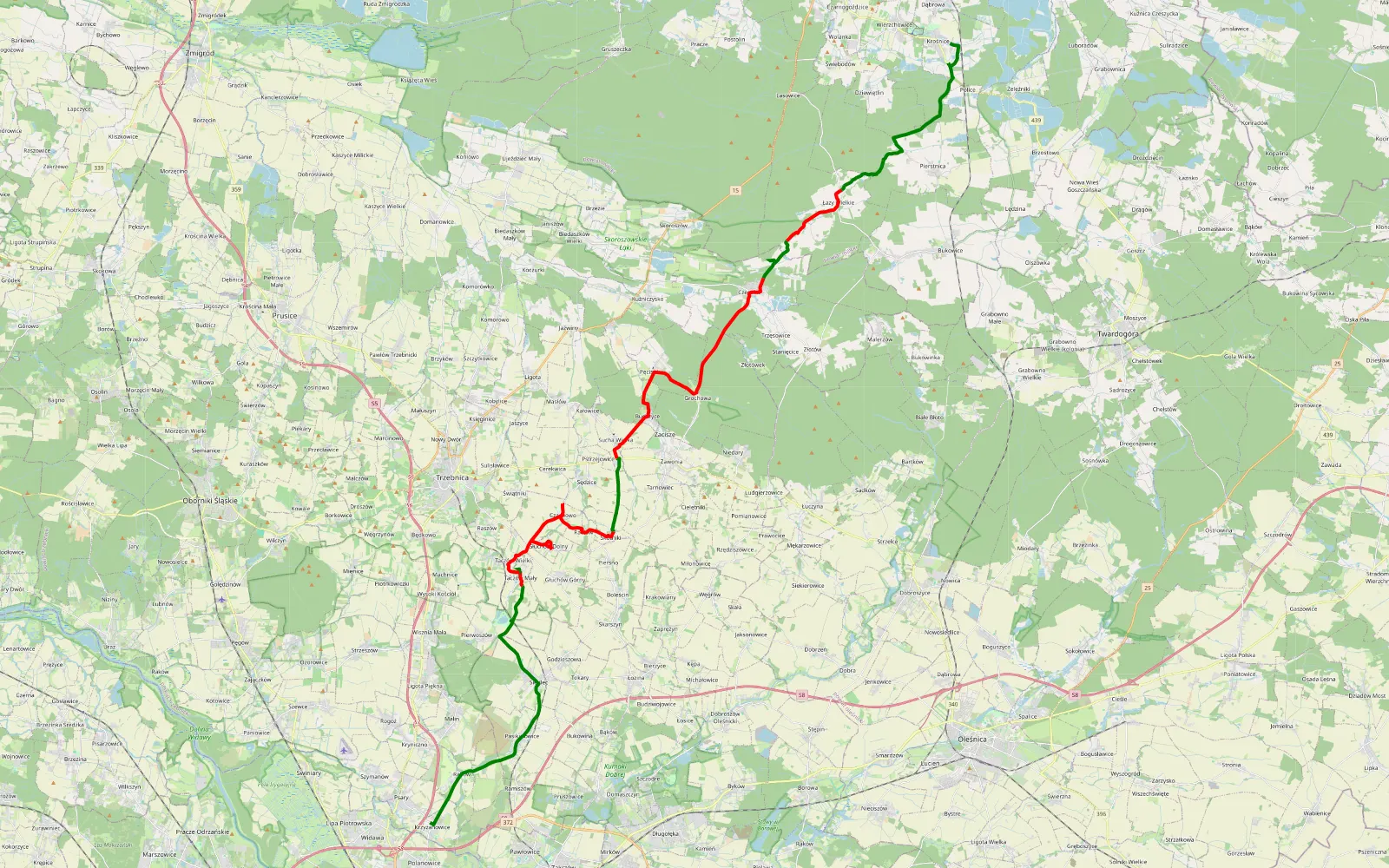Mapa trasy Krzyżanowice - Krośnice - 38 km trasy offroad, Powiat Trzebnicki