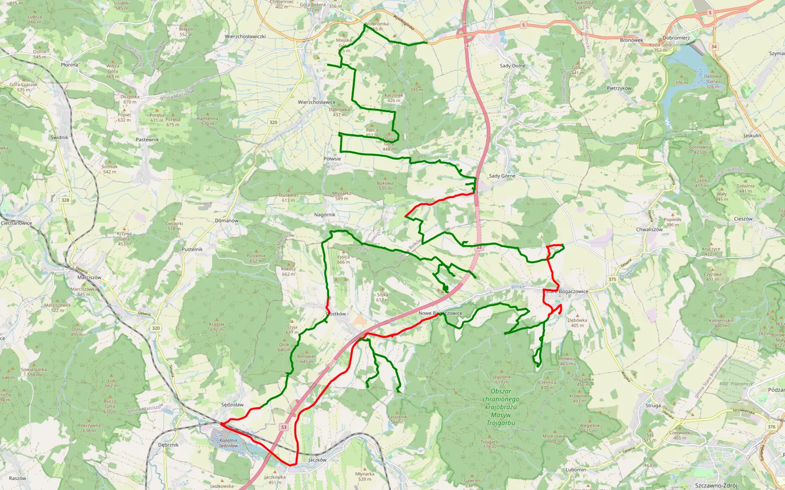 Mapa trasy Wolbromek - Nowe Bogaczowice - 68.3 km trasy offroad, Powiat Wałbrzyski