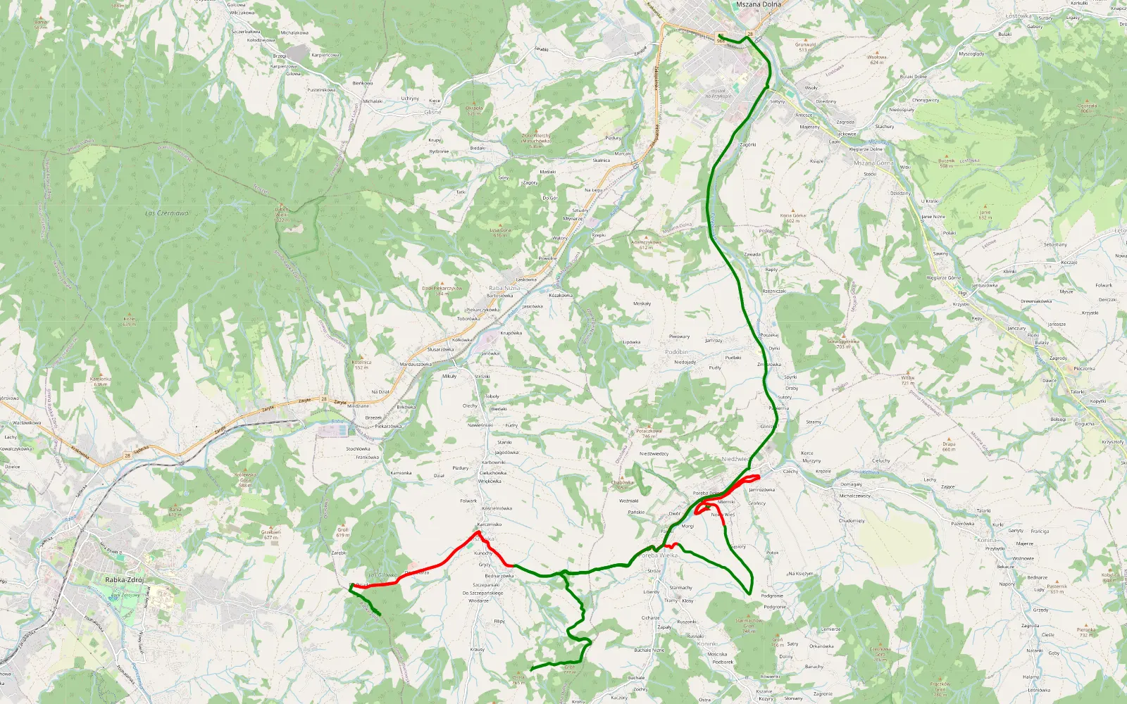 Map of Crybów - Mszana Dolna - 25.2 km offroad trail, Limanowa County