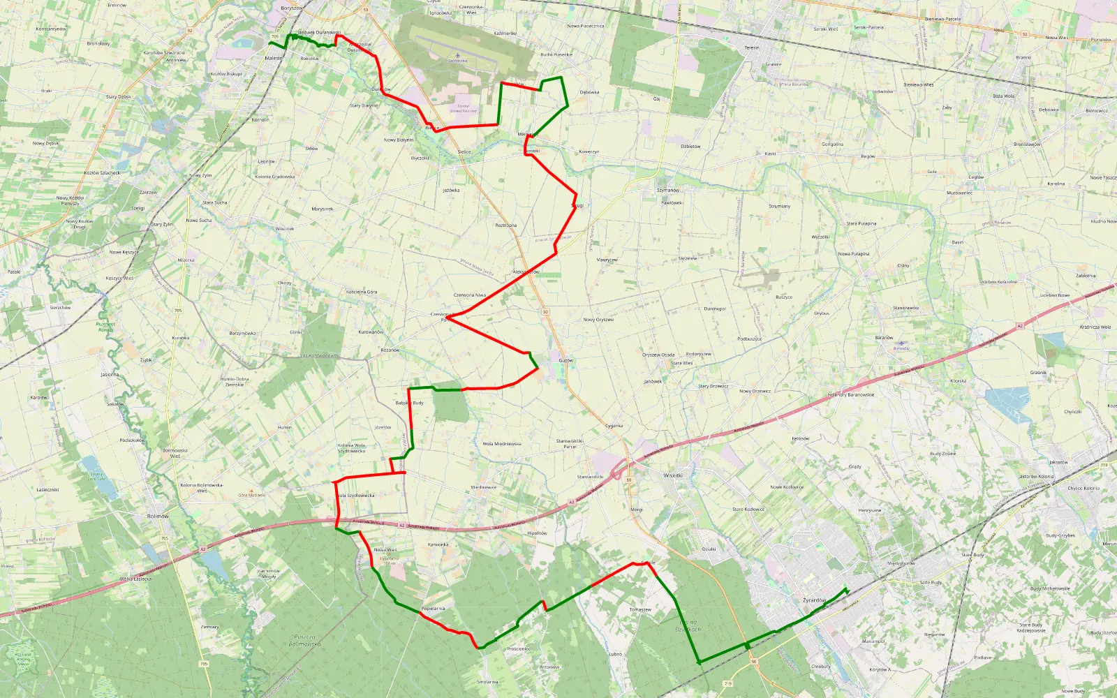 Map of Żyrardów - Boryszew Pierwszy - 55.5 km offroad trail, Żyrardów County