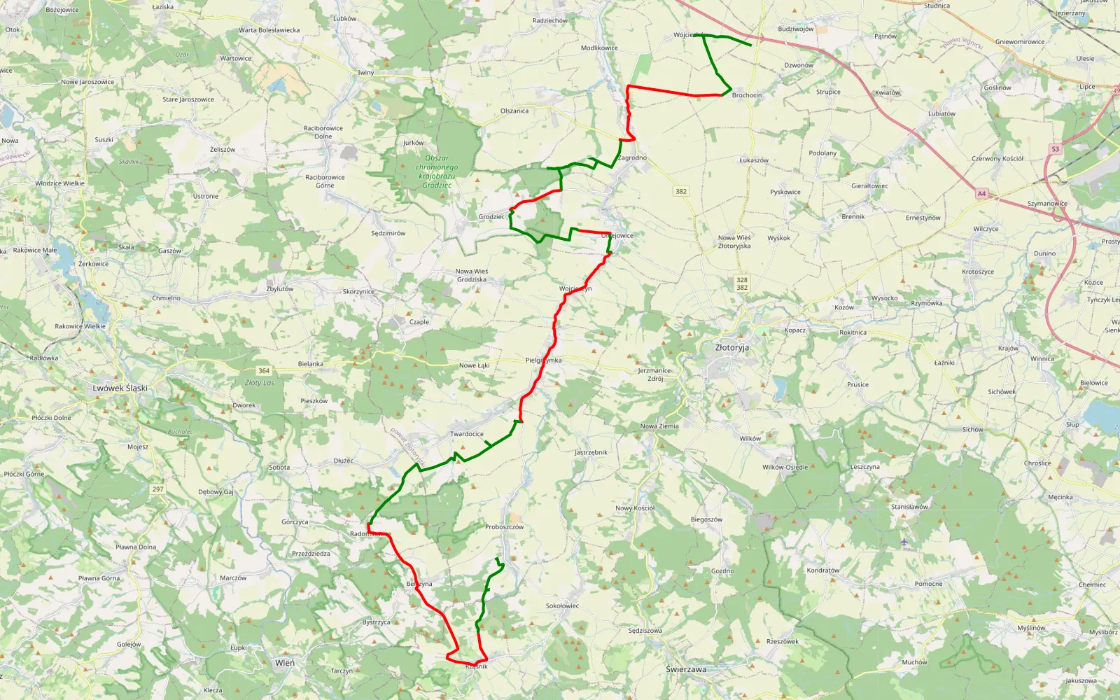 Map of Brochocin - Proboszczów - 53.8 km offroad trail, Złotoryja County