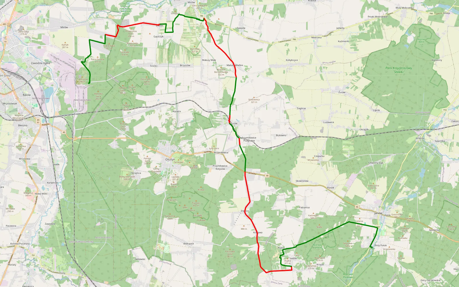 Mapa trasy Potok Złoty - Prędziszów - 35.7 km trasy offroad, Powiat Częstochowski