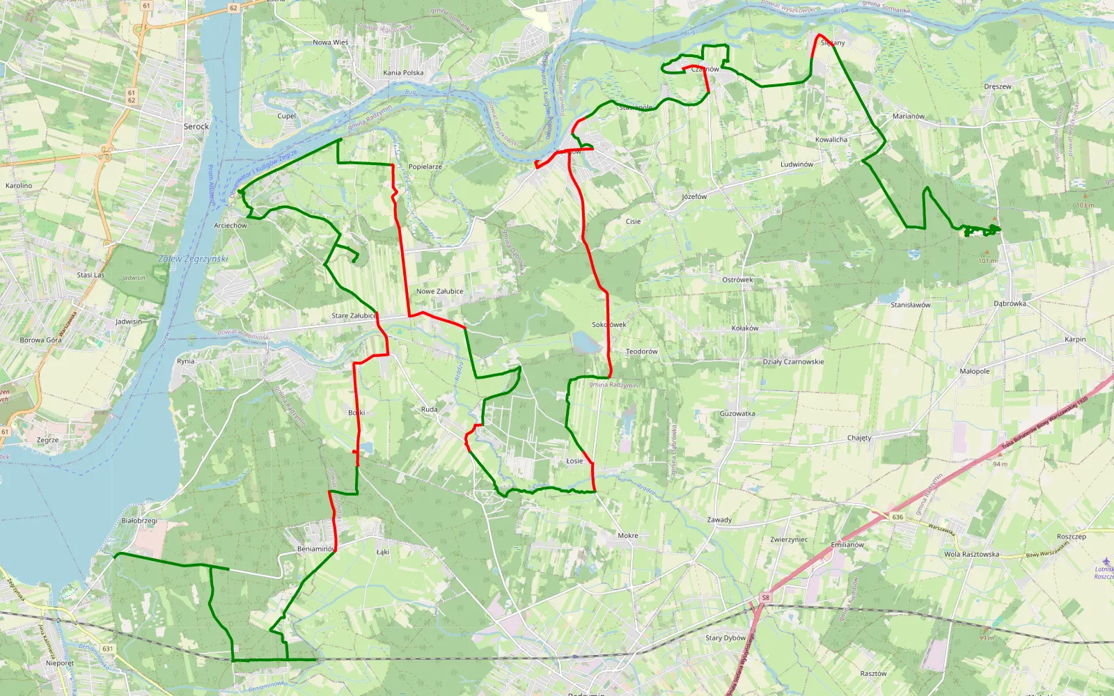 Map of Białobrzegi - Dąbrówka - 61.1 km offroad trail, Wołomin County