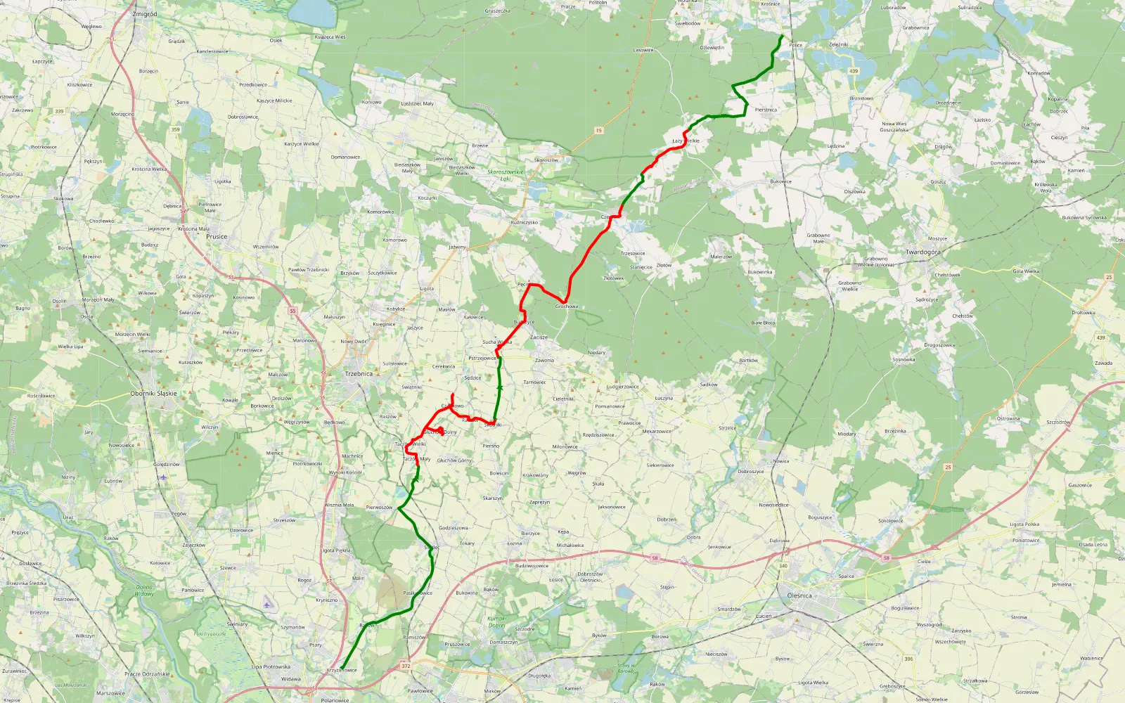Mapa trasy Krzyżanowice - Krośnice - 38.7 km trasy offroad, Powiat Trzebnicki