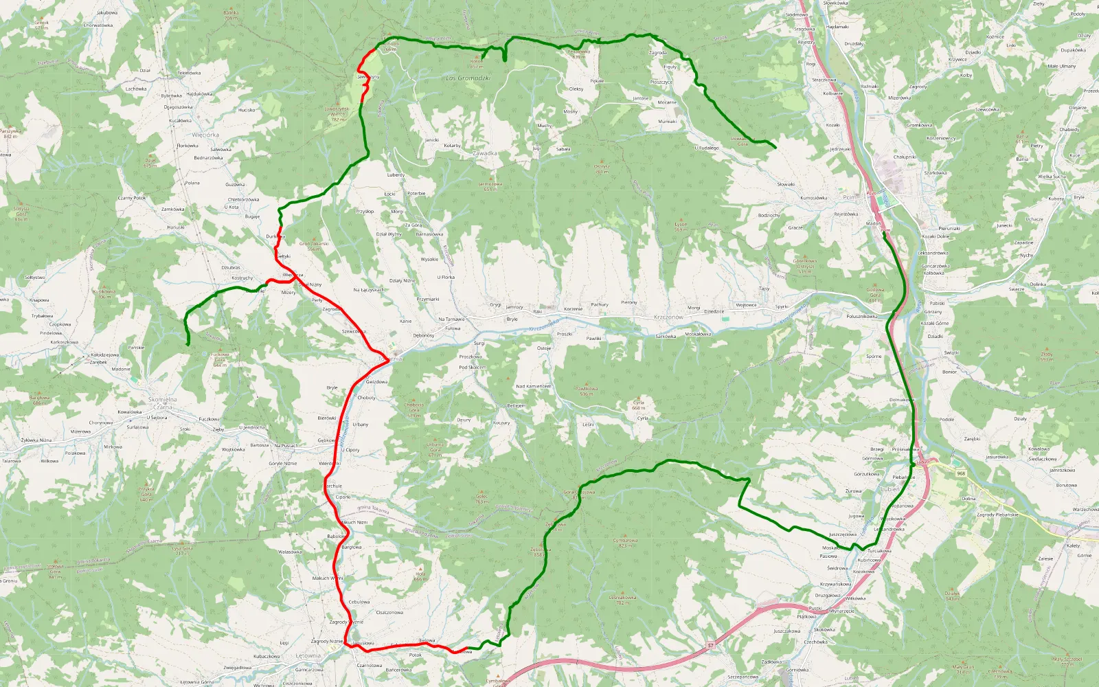 Map of Pcim - 31.9 km offroad trail, Myślenice County
