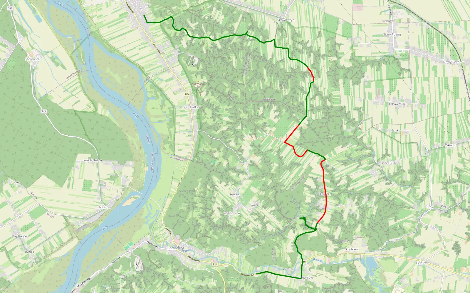 Mapa trasy Włostowice - Wierzchoniów - 12.7 km trasy offroad, Powiat Puławski