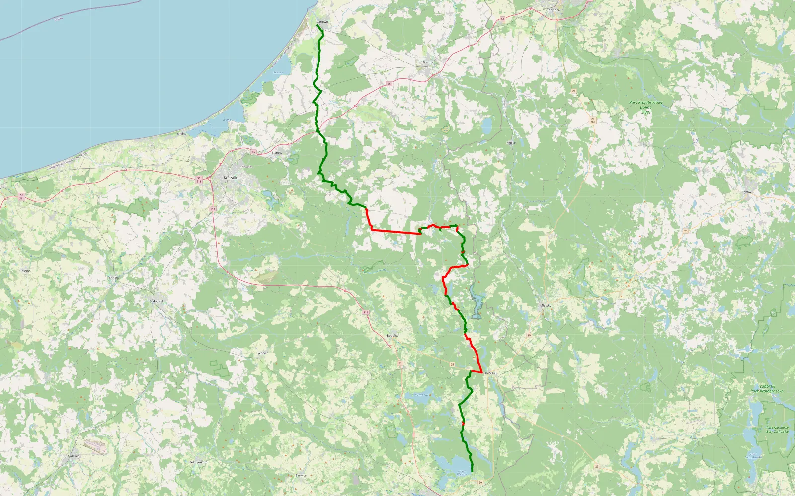 Mapa trasy Gwda Wielka - Darłowo - 96.2 km trasy offroad, Powiat Koszaliński